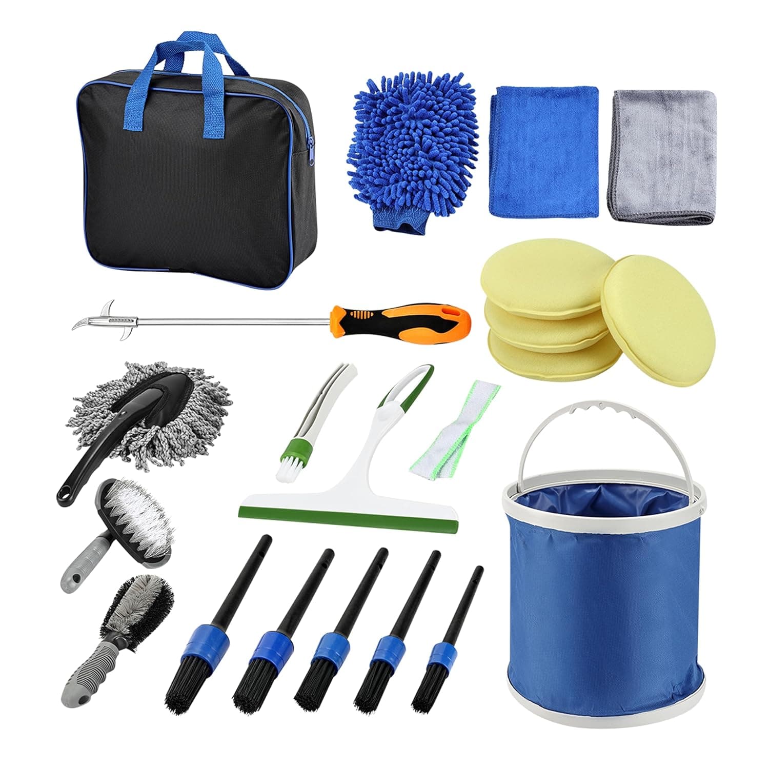 Lawazim Car Wash Detailing Cleaning Tools Set with Bag Collapsible Bucket Wash Mitt - 20 Piece – Versatile Interior and Exterior Car Care Kit - for Washing, Waxing, Polishing, and Deep Cleaning
