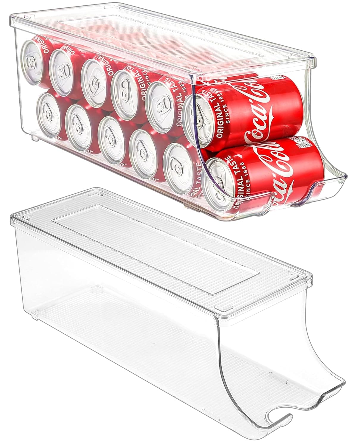 بوريكون موزع منظم علب الصودا للثلاجة، حاوية بلاستيكية شفافة لحفظ الطعام المعلب والمشروبات، صندوق تخزين مع غطاء لرف الفريزر وخزانة المؤن وخزانة المطبخ - قياسي