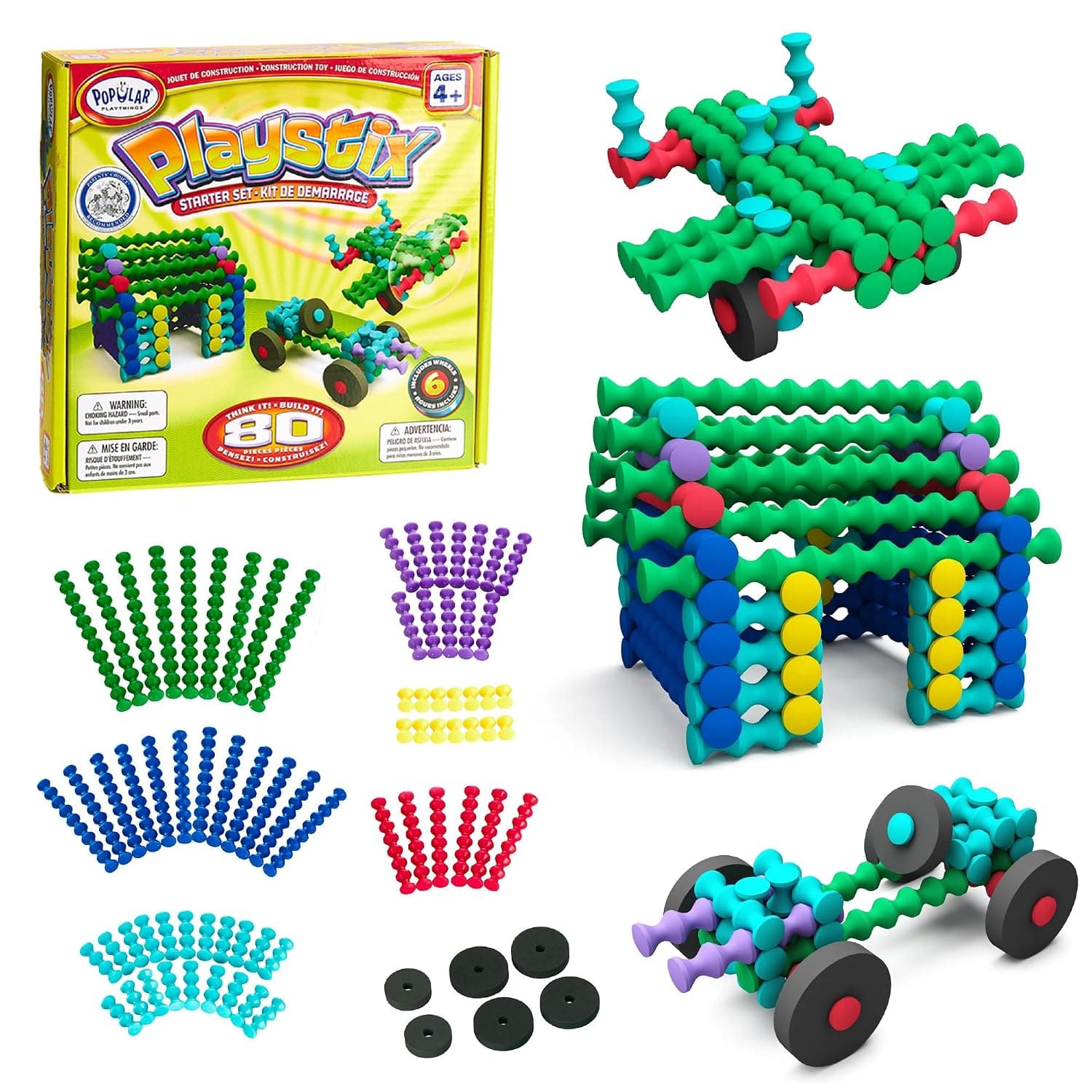POPULAR PLAYTHINGS Playstix Starter Set Construction Toy Building Blocks 80 Piece Kit | for Kids Ages 4 and Up, Construction Stem Building Toy Gift, for Boys & Girls, for Kids