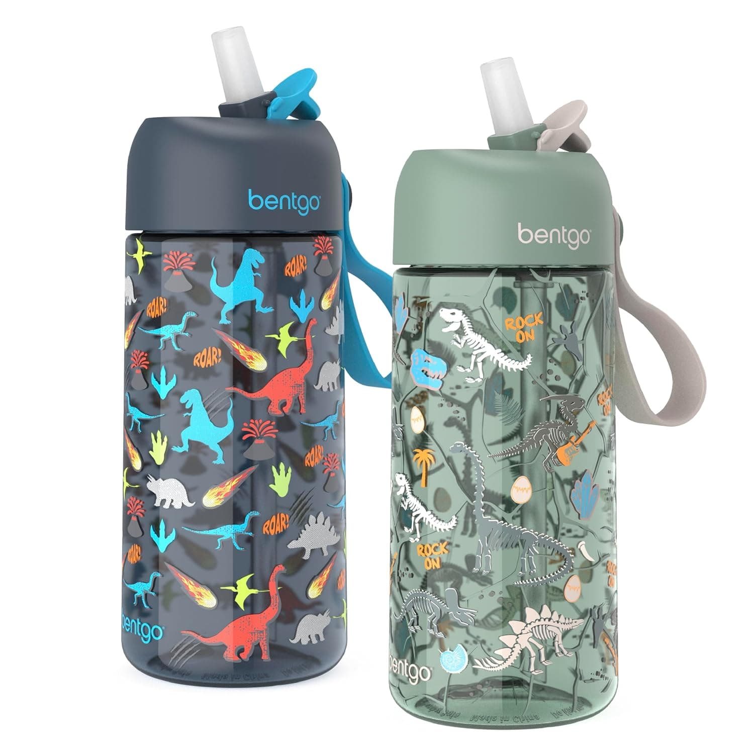 Bentgo Kids Water Bottle 2-Pack - New, Improved 2023 Leak-Proof BPA-Free 15 oz Cups for Toddlers & Children - Flip-Up Safe-Sip Straw for School, Sports, Daycare, Camp (Dinosaur/Dino Fossils | Durable Tritan, BPA-Free, Shatter-Resistant, Carry Handle, Top-Rack Dishwasher Safe (Dinosaur/Dino Fossils)
