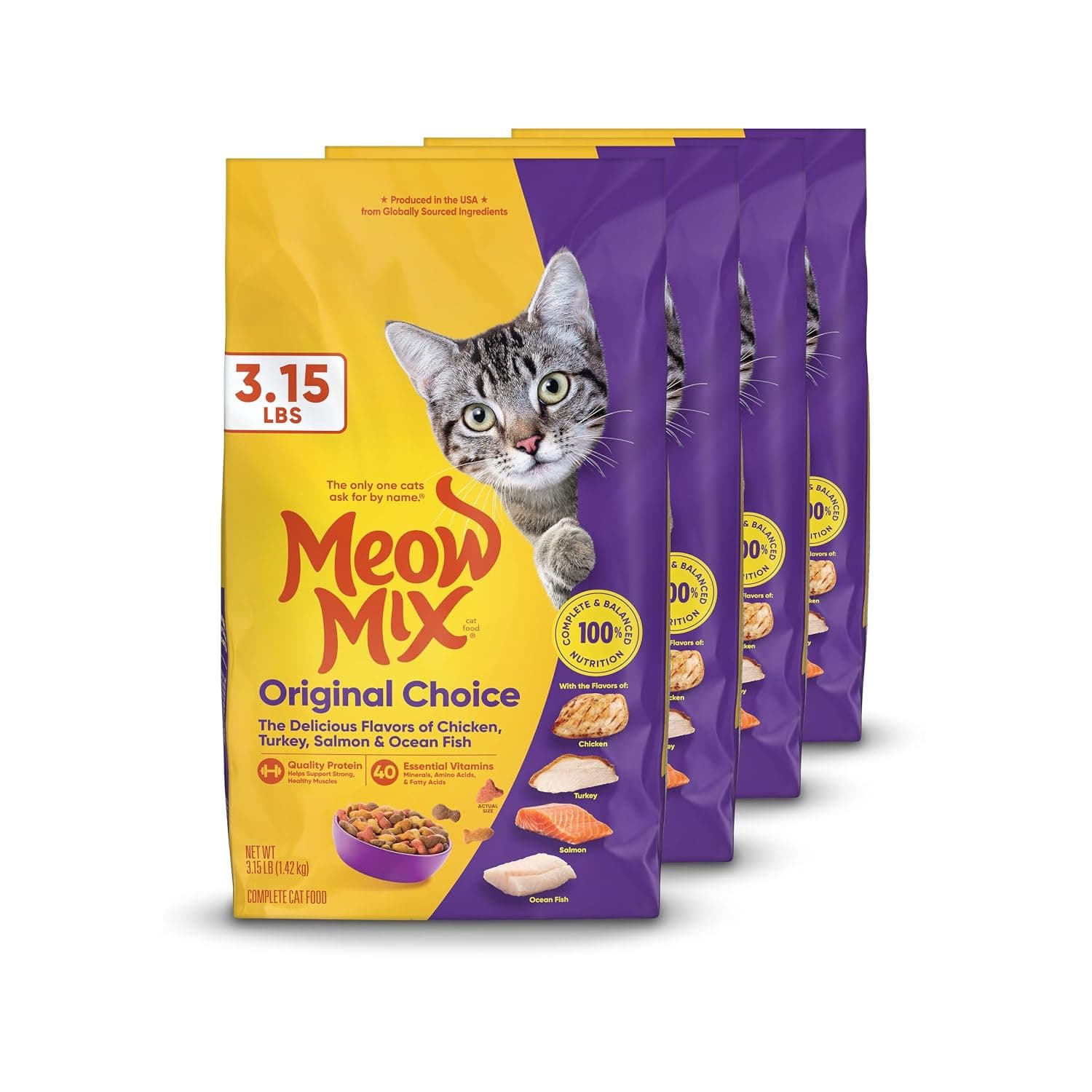 Meow Mix Original Choice Dry Cat Food, 3.15 lb Bags | 4-pack, crunchy cat kibble, 100% complete & balanced nutrition, high quality protein & antioxidants, all life stages
