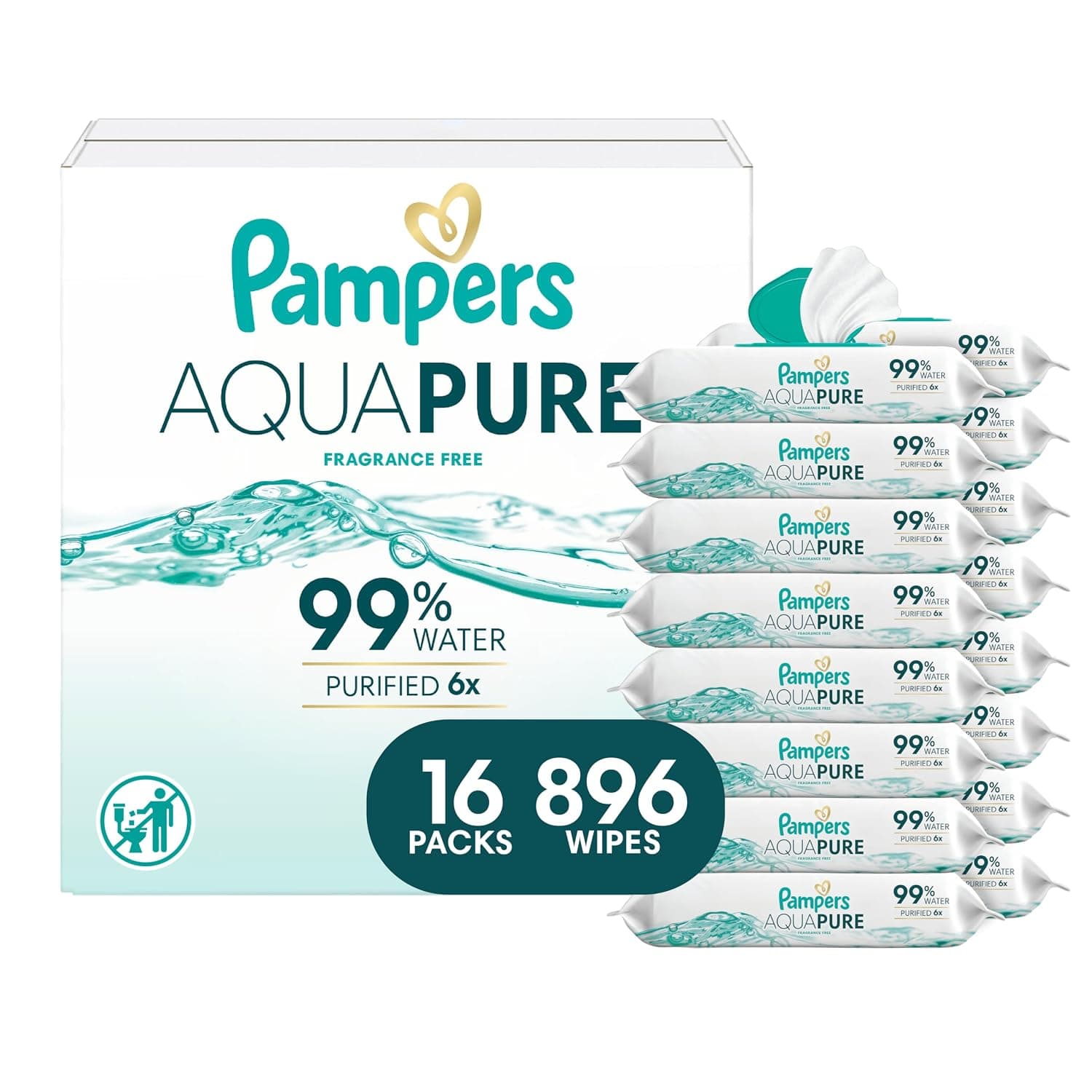 Pampers Aqua Pure Baby Wipes, 99% Water, Fragrance Free, Unscented, Water Based, Multi-Use, 896 Wipes Total (16X Flip-Top Packs) [Packaging May Vary]