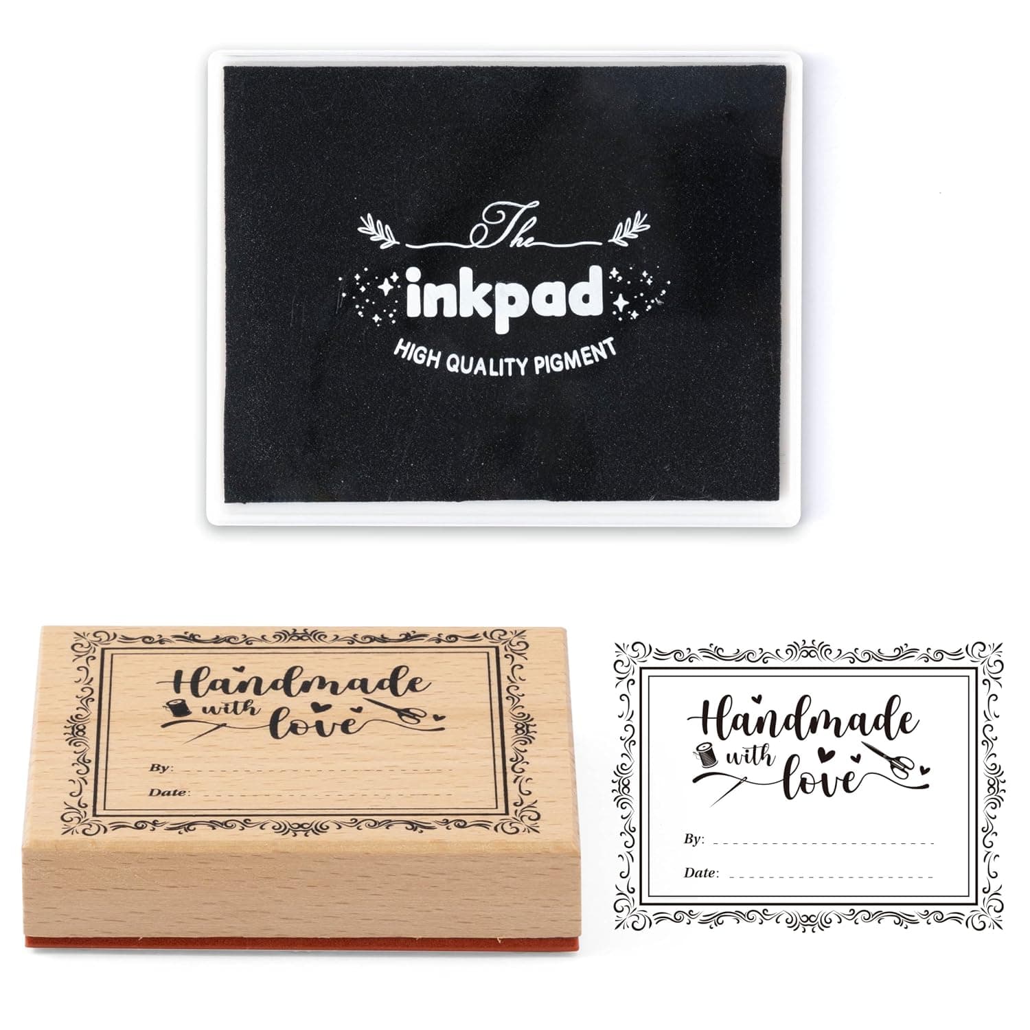 EYxsaxenk Handmade with Love Gift Tag Fabric Name Stamp with Black Ink Pad | 3x4 inch Wooden custom stamp, Washable personal fabric label gift sign for clothes, quilt, Christmas gift wrapping decoration