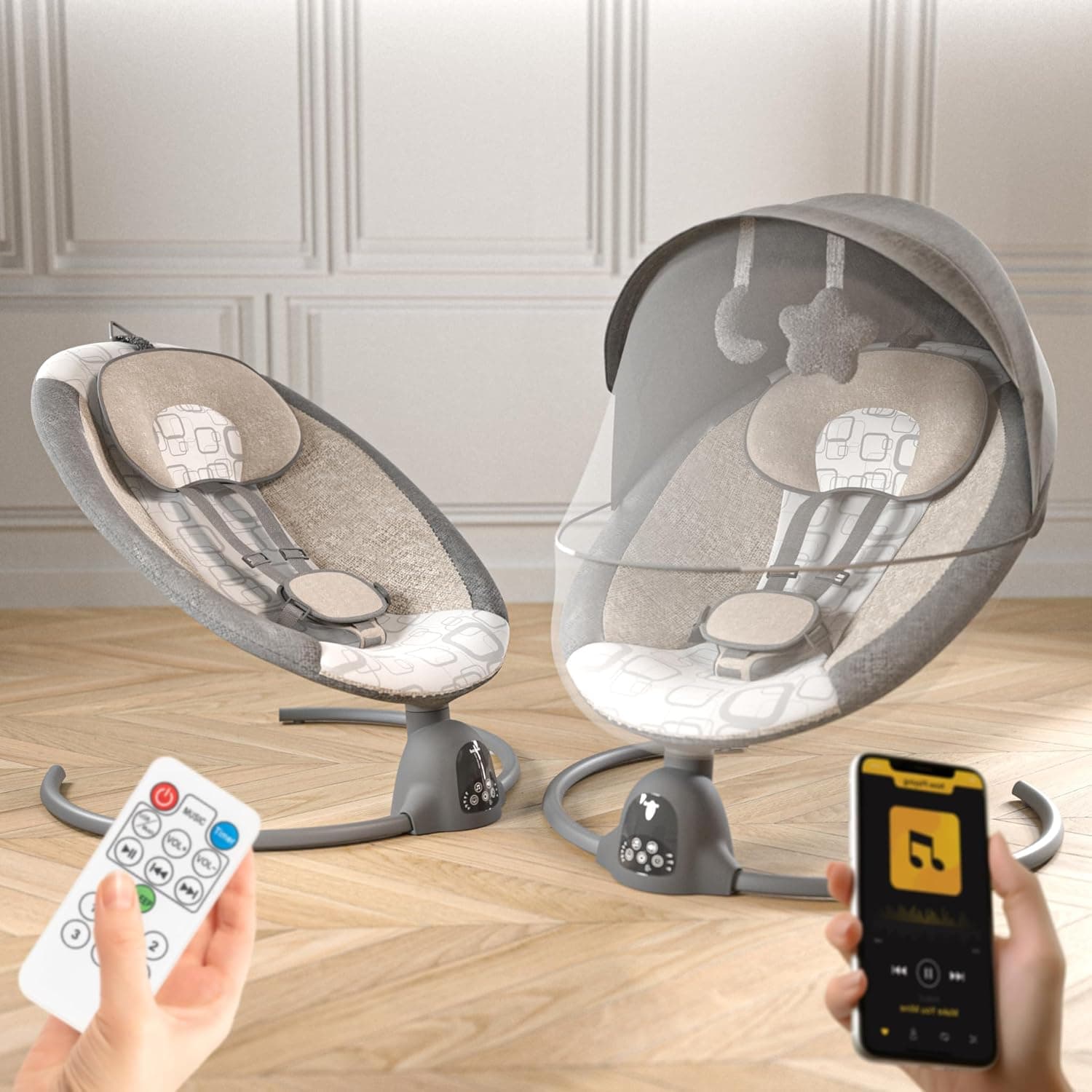 BAYBEE Automatic Electric Swing Cradle for New Born Baby with Adjustable Swing Speed, Remote | Infant Baby Rocker, with Mosquito Net, Safety Belt, Music, & Toys | Swing for Baby (Grey)