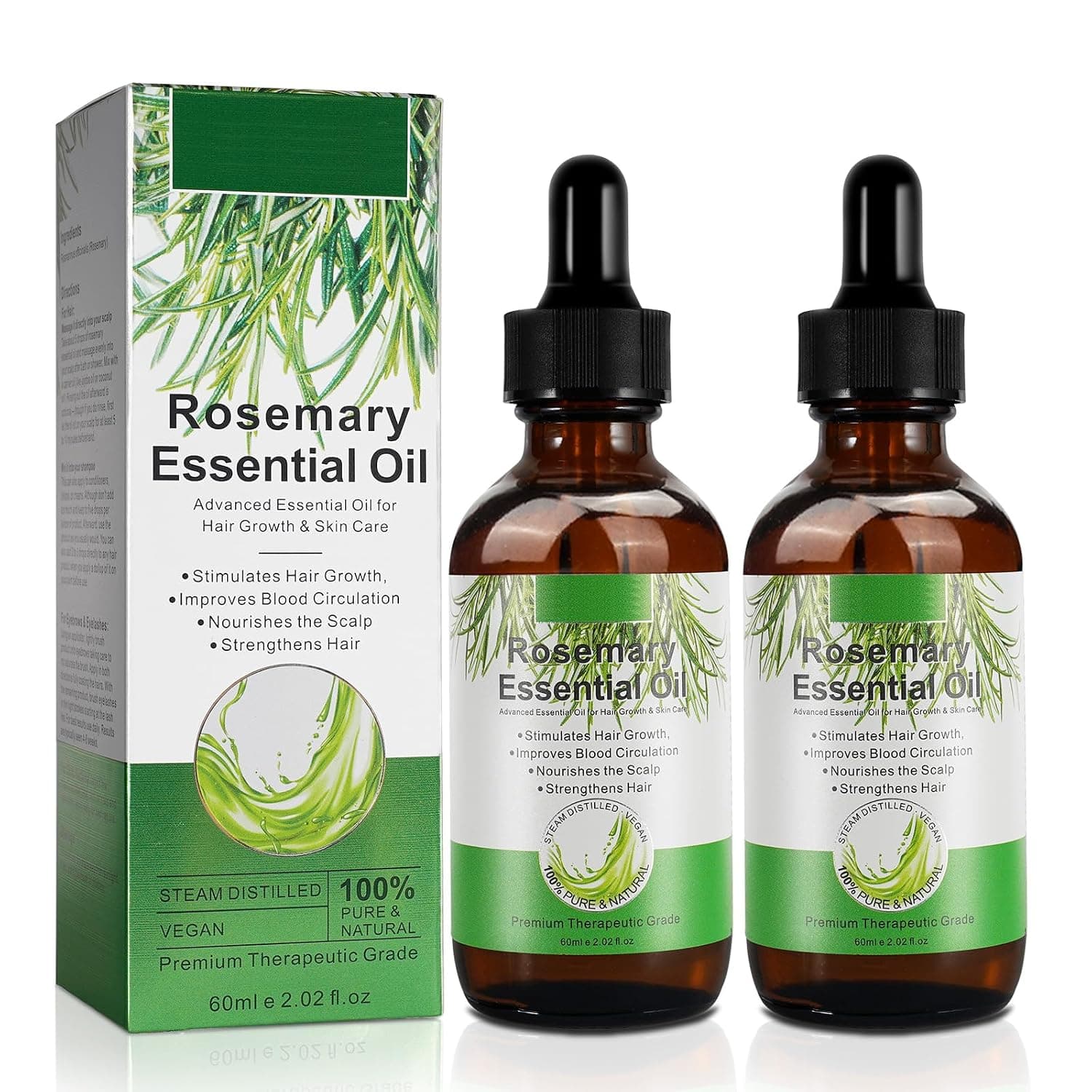 Rosemary Oil with 2 Pcs for Hair Growth, Natural Essential Oil with Aromatic Experience, Pure Organic Rosemary Essential Oil for Beard Growth, Eyelash Care