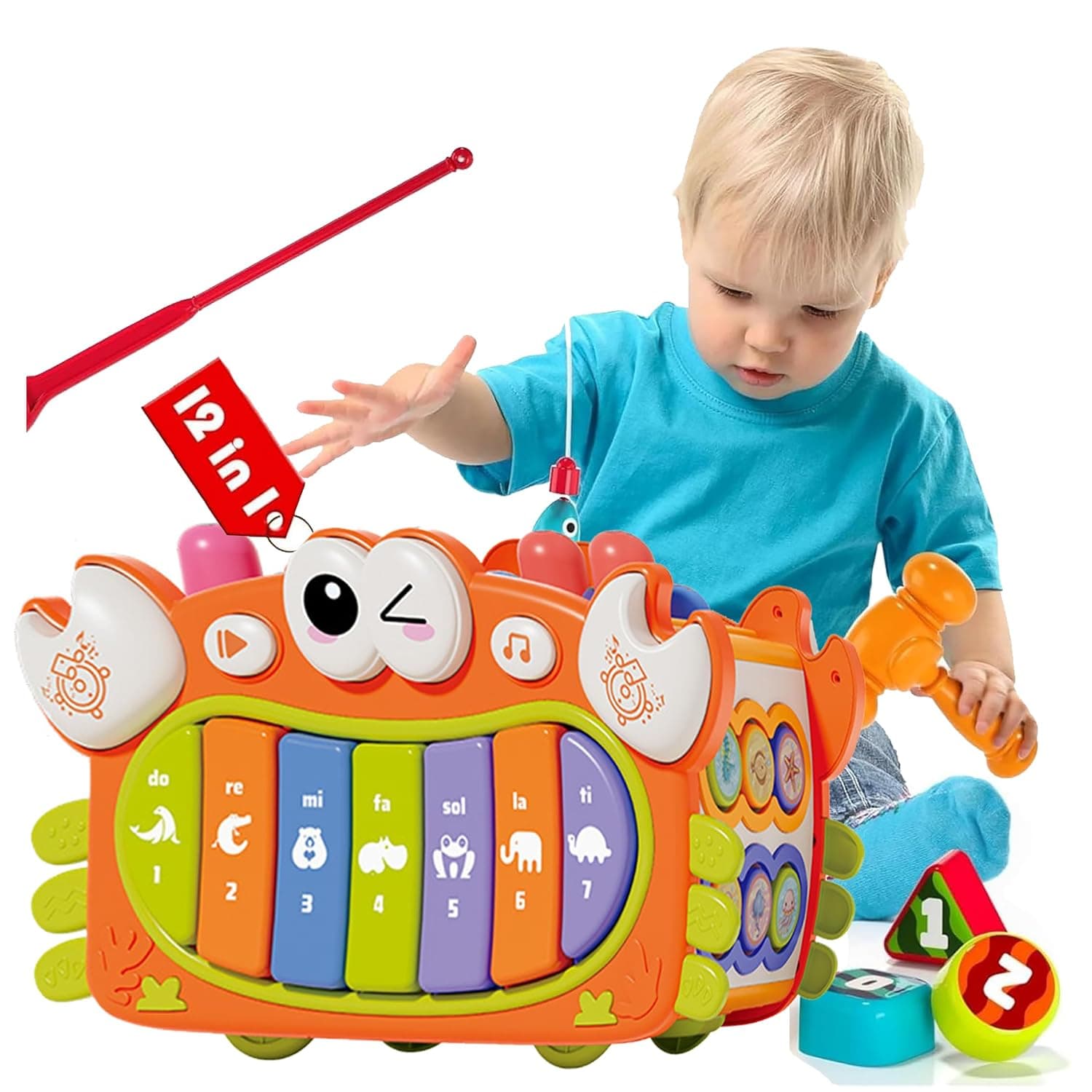 Andanna 12 in 1 Crab Baby Montessori Toys for 3 Year Old, Hammering Pounding Toys wtih Music & Lights, Activity Cube Shape Sorting Toy with Piano Hand Drum (Orange)