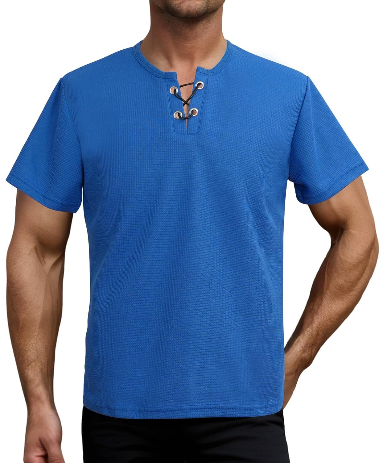 SEAUR Mens Casual Henley Shirts Short Sleeve Waffle Solid Knitted Lace-Up Design Fashion Loose Fit V Neck T Shirt