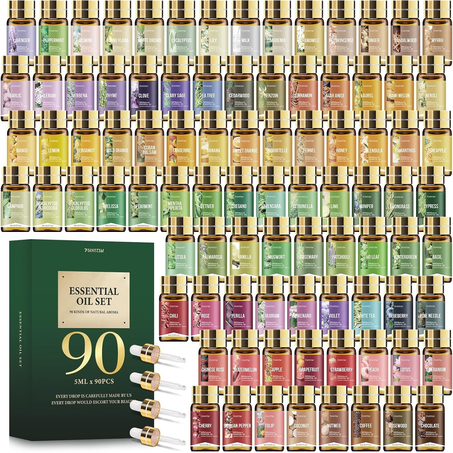 FUHITIM 90 Pcs Essential Oil Set - Essential Oils Gift Set Perfect for Diffuser, Massage,Soap, Candle Bath Bombs Making, 90x5 ML