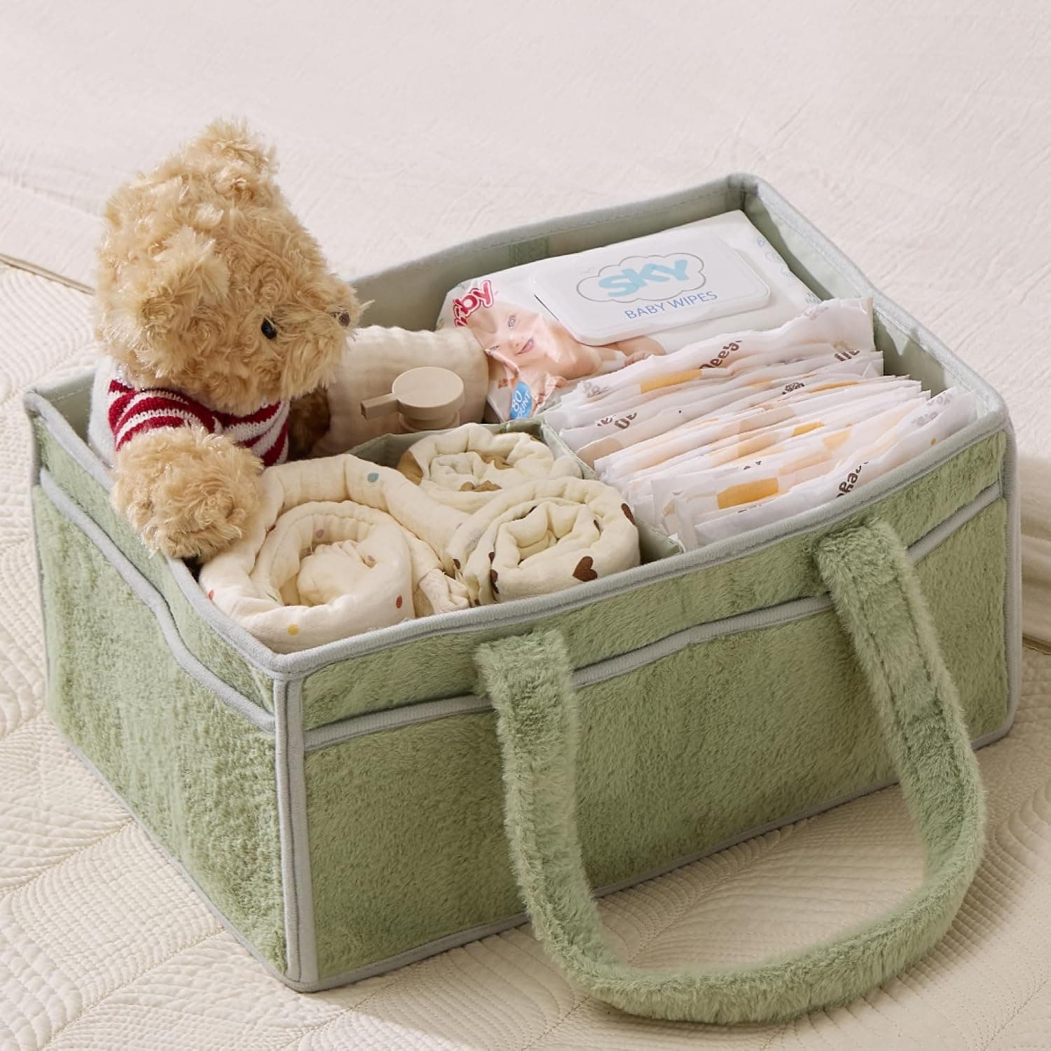 luxury little Soft Baby Diaper Caddy Organizer, Nursery Storage Basket with Removable Divider, Portable Baby Diapers Basket, Gift for New Parent, Baby Shower, Newborn Must-Have Essentials, Green