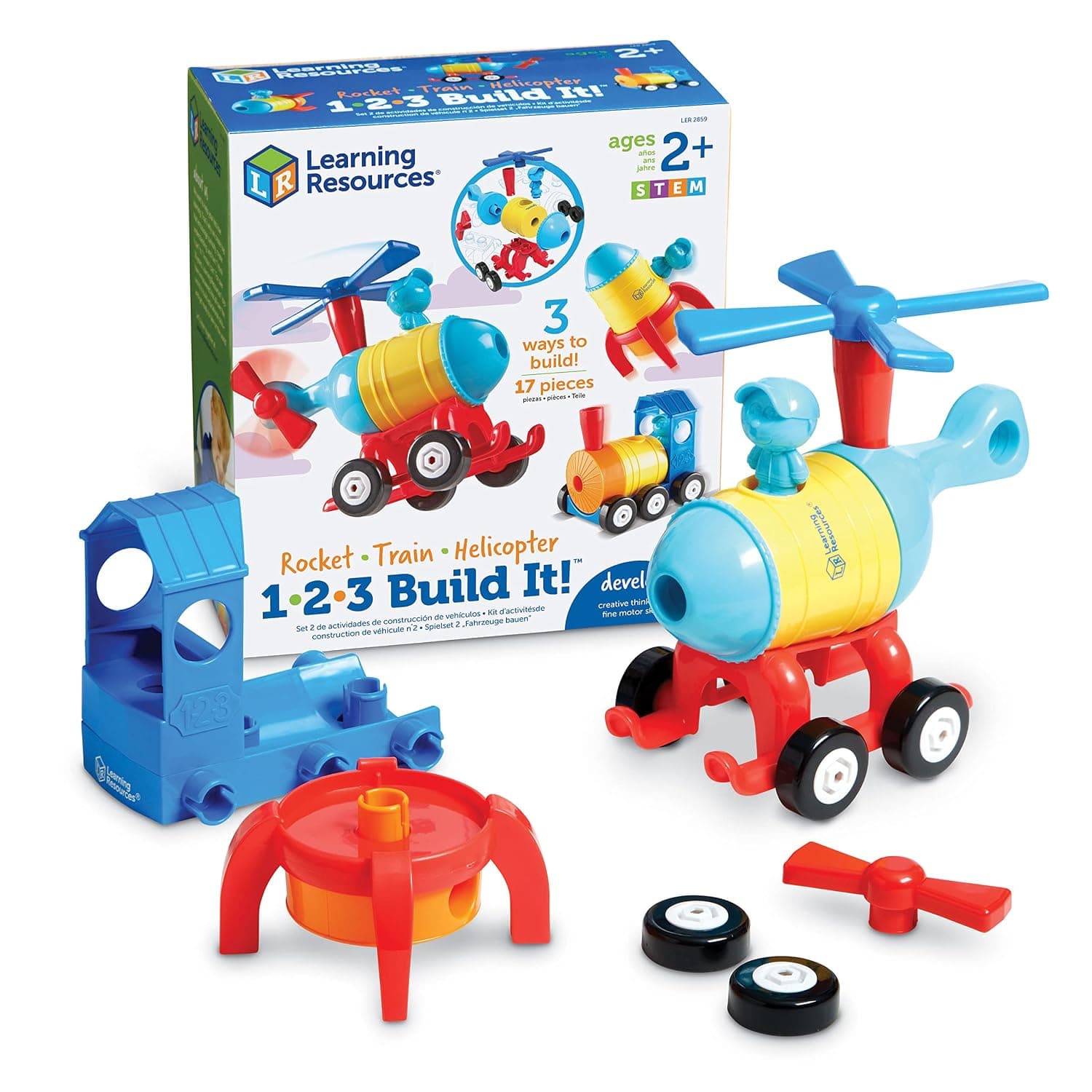 Learning Resources 1-2-3 Build It Rocket Train-Helicopter, 15 Pieces | Building Construction Toys, Engineering Toys for Kids, Toddler Building Set, STEM Construction Kits, Build and Play Vehicles