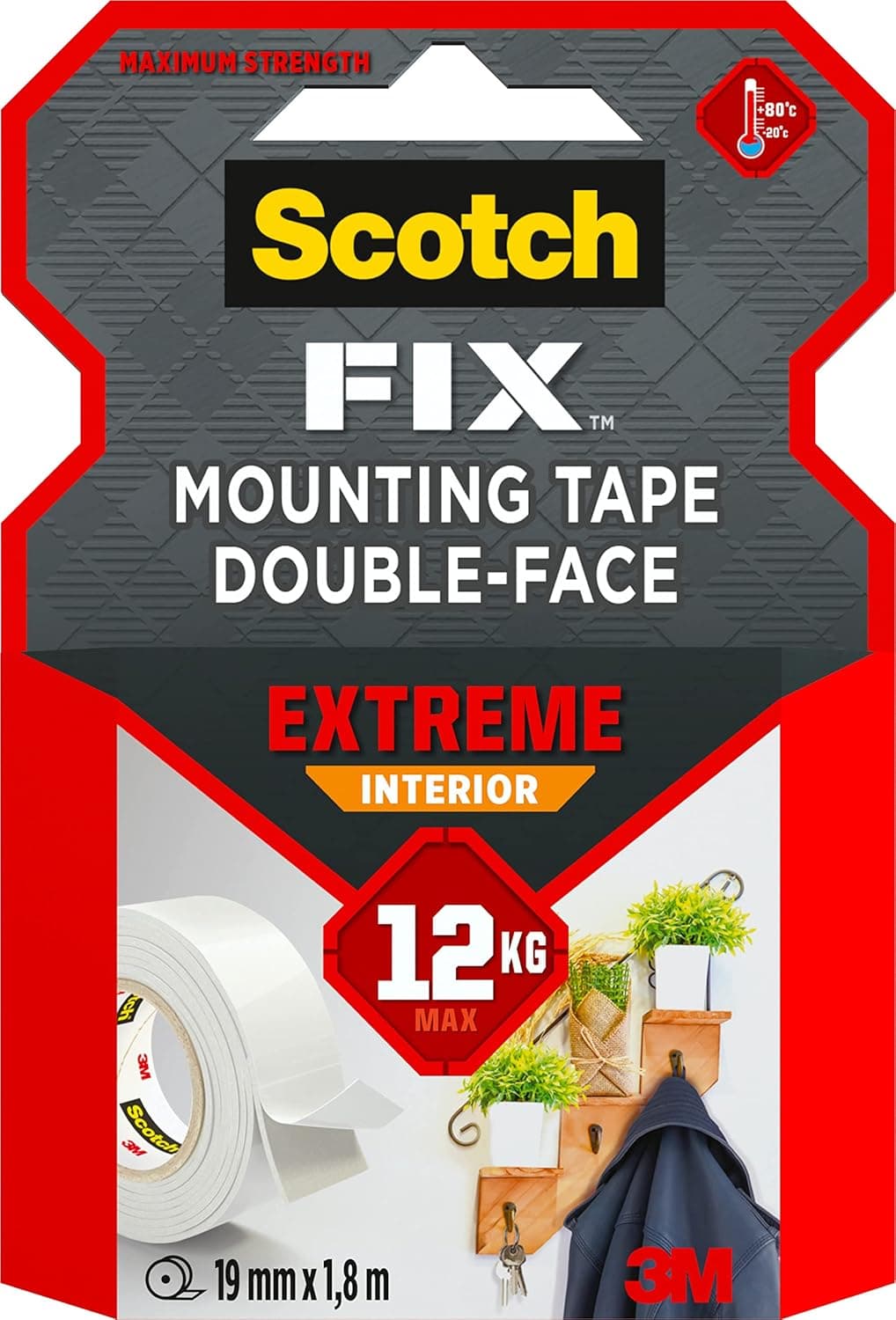 Scotch Mount Extreme Interior Tape 19mmx1.8m, 1 roll/pack | White color | Holds up 1 kg per 15cm | Extremely Strong | Higher Adhesion | Multi-Surface | No Tools | Double Sided Adhesive Tape