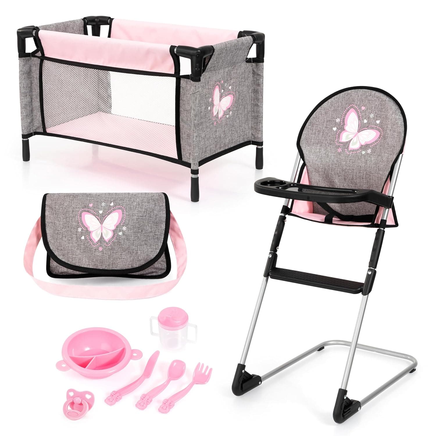 Bayer Design 61733AB Doll High Chair, Doll Bed, Bag, Dummy, Doll Accessories | 9-in-1 Grey & Pink Butterfly Motif Playset with Shoulder Bag, Feeding Plate, Cup, Cutlery and Pacifier for Nurturing Play
