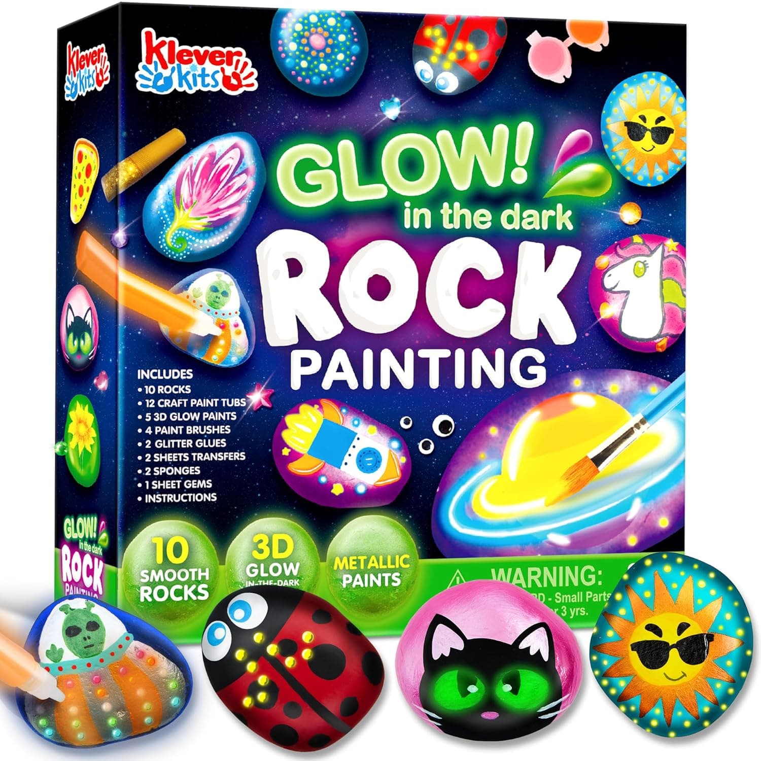12 Rock Painting Creativity Arts Crafts DIY Supplies Kit with 18 Paints (Glow in The Dark & Metallic & Standard Paints) Decorate Your Own for Kids Painting Gifts Family Activity Birthday Present