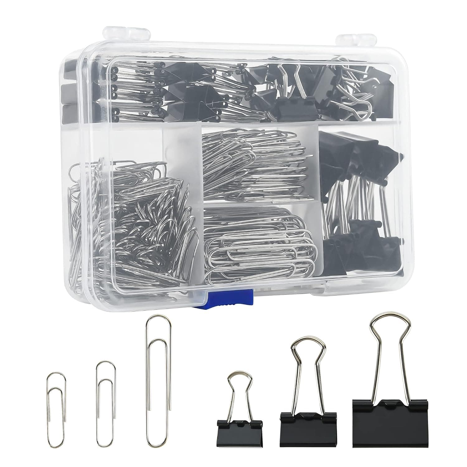 EHME Binder Clips & Paper Clips Assorted Sizes, 340pcs Black, Office Supplies Set, Metal, Medium, Small, Large