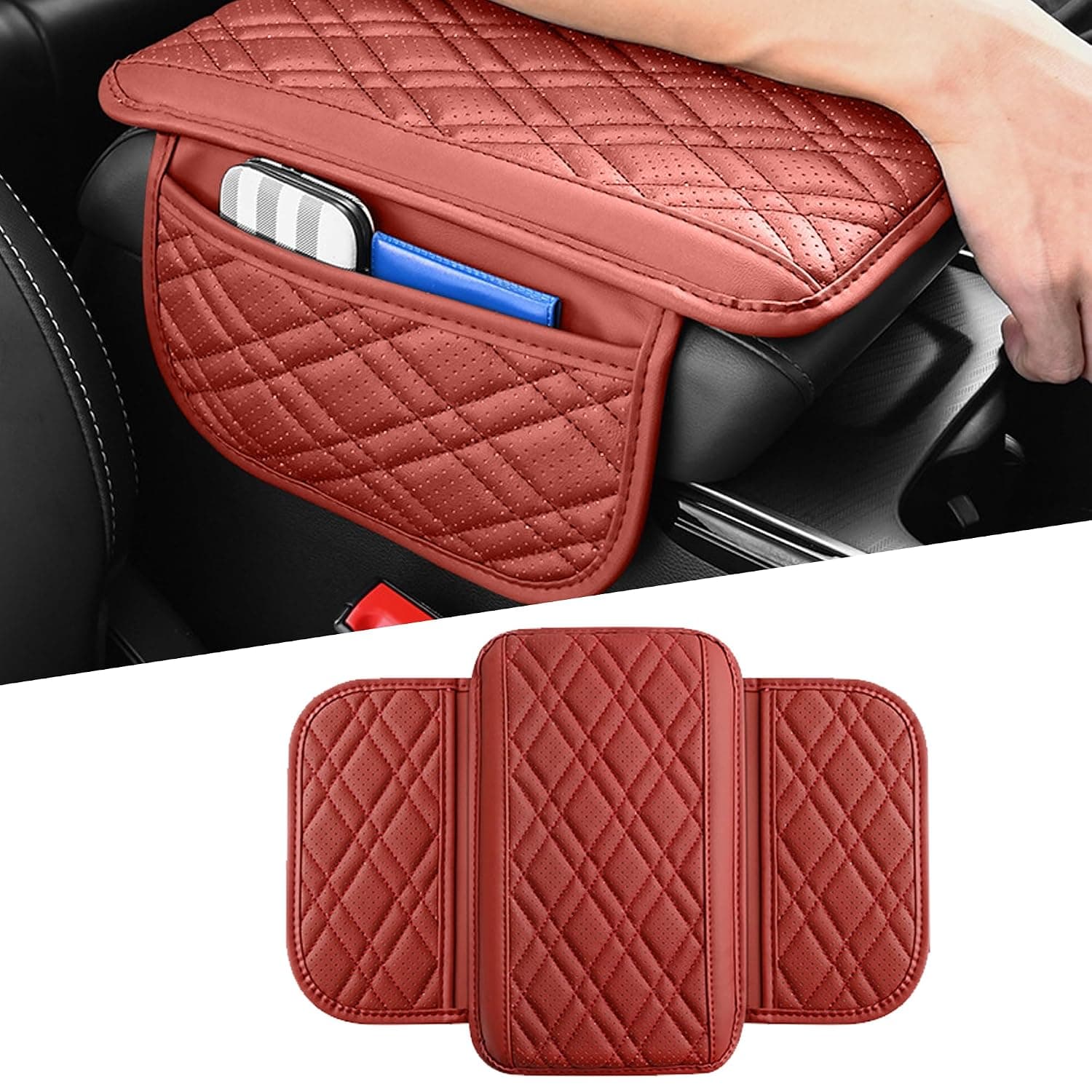 Car Center Console Cover, Leather Vehicle Arm Rest Cushion with 2 Storage Bags, Automotive Armrest Interior Seat Box Pad Accessories, Universal for SUV, Sedan, Truck (Red)