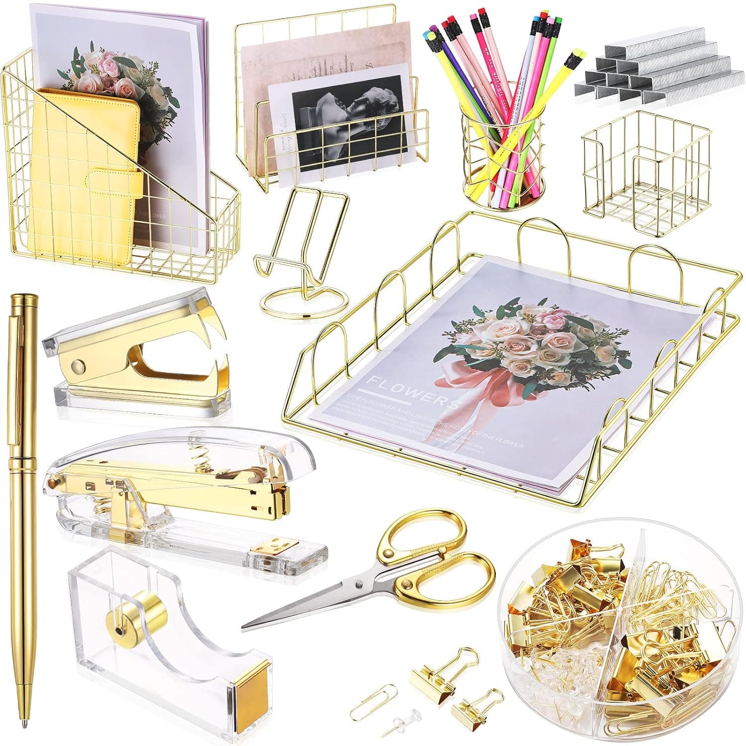 Yaomiao 13 Pcs Desk Accessories Kit Organizer Office Supplies Women Gift Set Acrylic Stapler Staple Remover Tape Holder Pen Cup Magazine File Letter Sorter Note Clip Phone Holder Scissor(Gold)