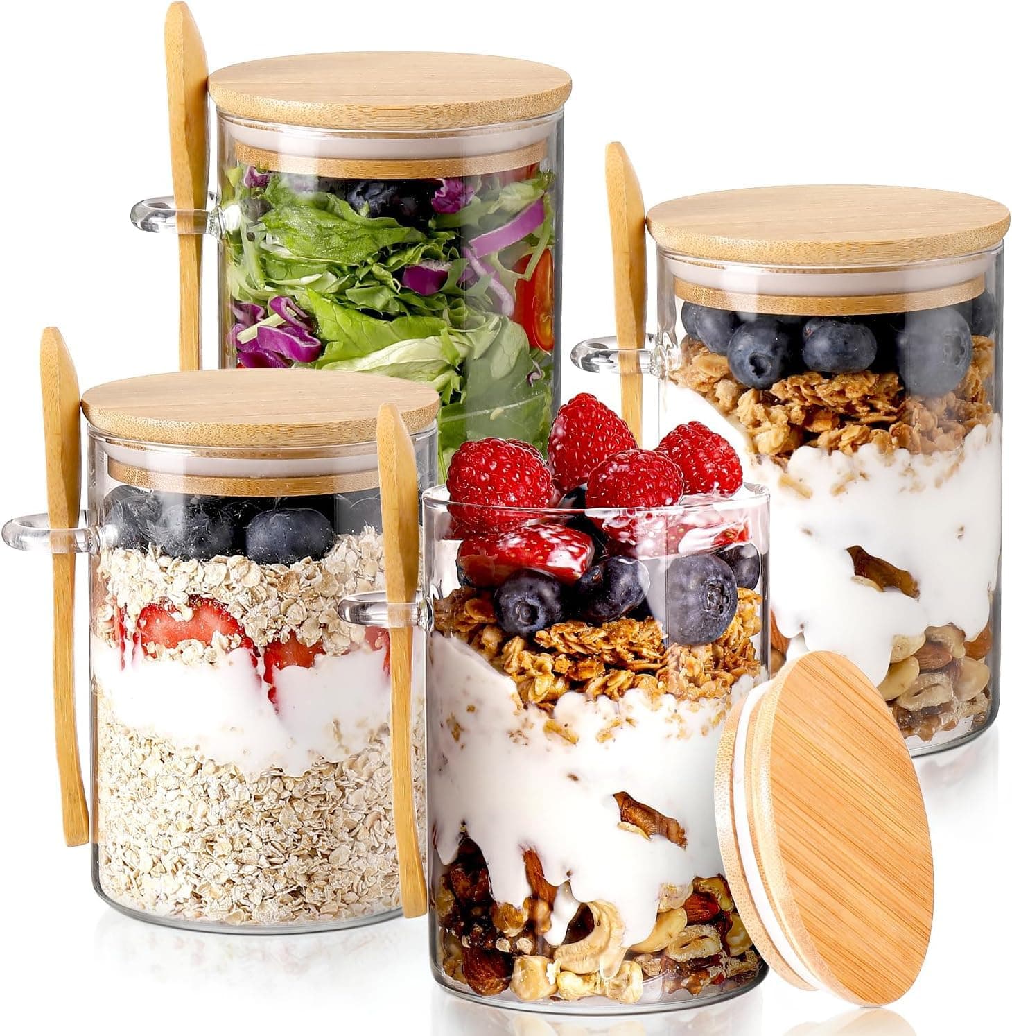 HOME ZONE 4 Pack - 500ML Overnight Oats Containers with Bamboo Lids and Spoons, Airtight Meal Prep Yogurt Containers for Breakfast, Parfait, Salad