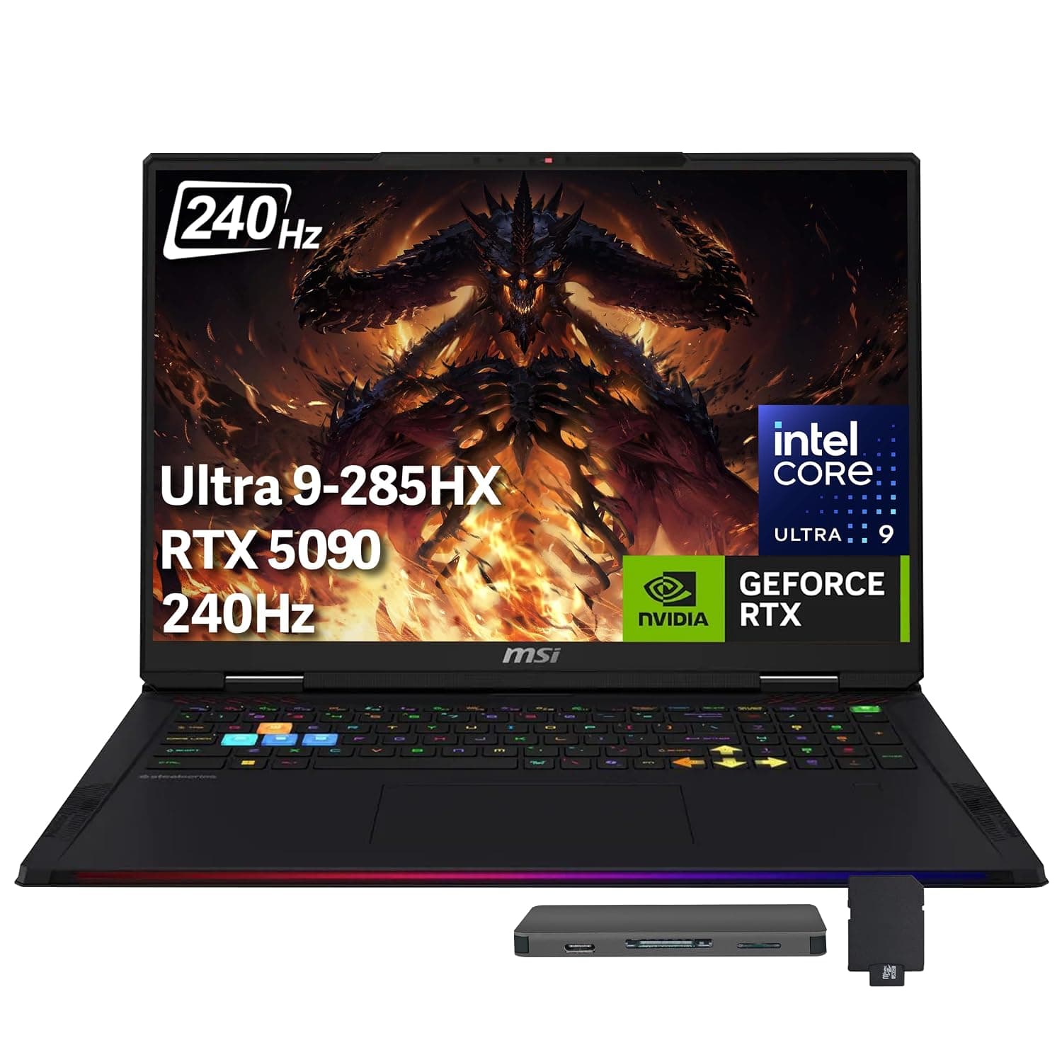 msi Raider 18" QHD+ 240Hz Gaming Laptop, Intel Core Ultra 9 285HX, GeForce RTX 5090 24GB GDDR7, 64GB DDR5, 5TB Storage (4TB SSD+1TB Docking Station), 24-Zone RGB Backlit Keyboard, Win 11 Pro, Black