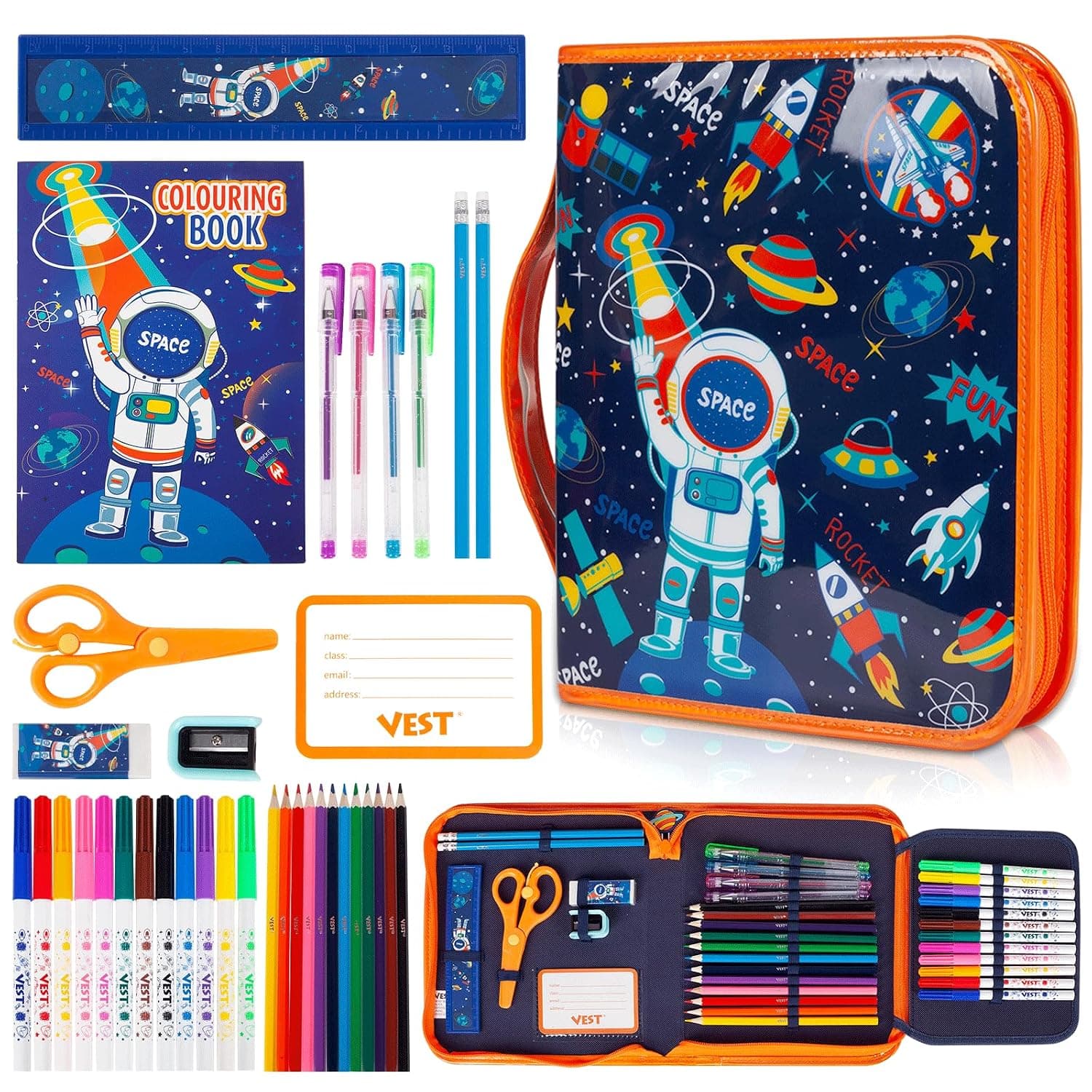 Markers Set with Glitter Space Pencil Case & Stationery, Art Supplies Coloring Kits for Kids Ages 4-6-8, Space Birthday Gifts for Girls Aged 4 5 6 7 8 9 10 11 12 (Space)