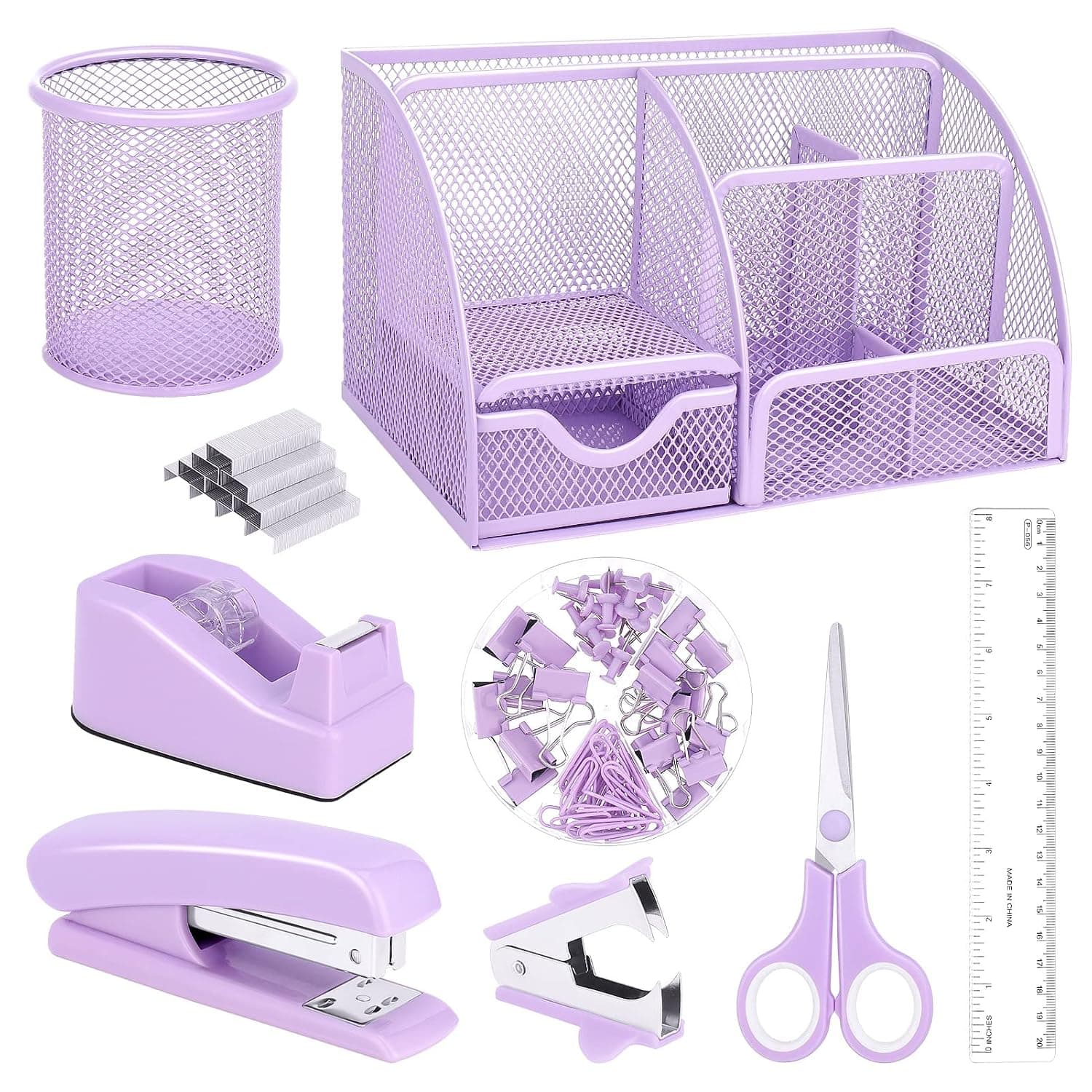 auroray Purple Mesh Desk Organizer and Accessories, Purple Office Supplies 7 Compartments Desk Organizer with Stapler,Tape Dispenser,1000 Staples,Pen Holder,Staple Remover,Clips,Ruler,Scissors