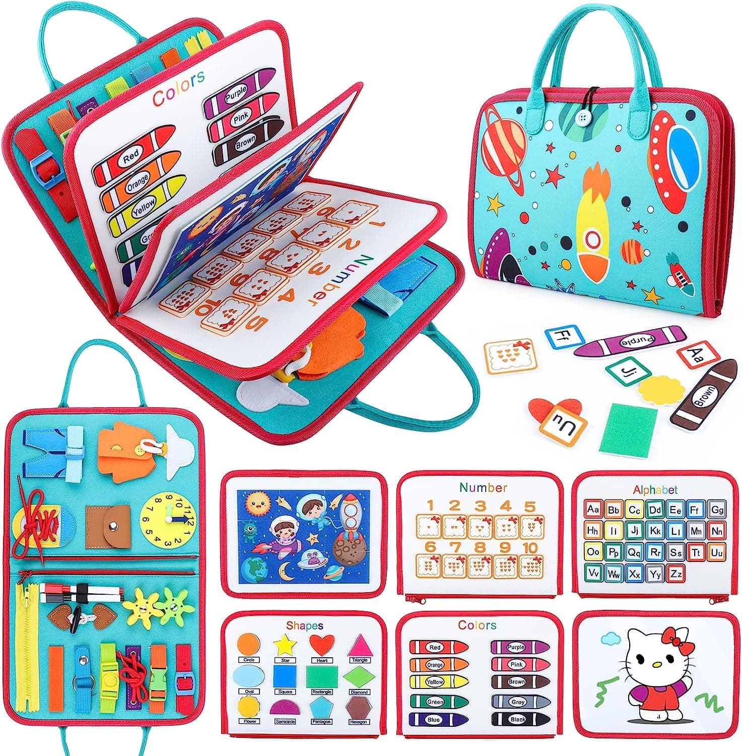 Yoawllty Busy Board for Toddlers 2-4, Sensory Activity Board for Preschool Learning, Quiet Book Montessori Educational Toys with Zipper Removable Multiple Page Travel Toys (Green)