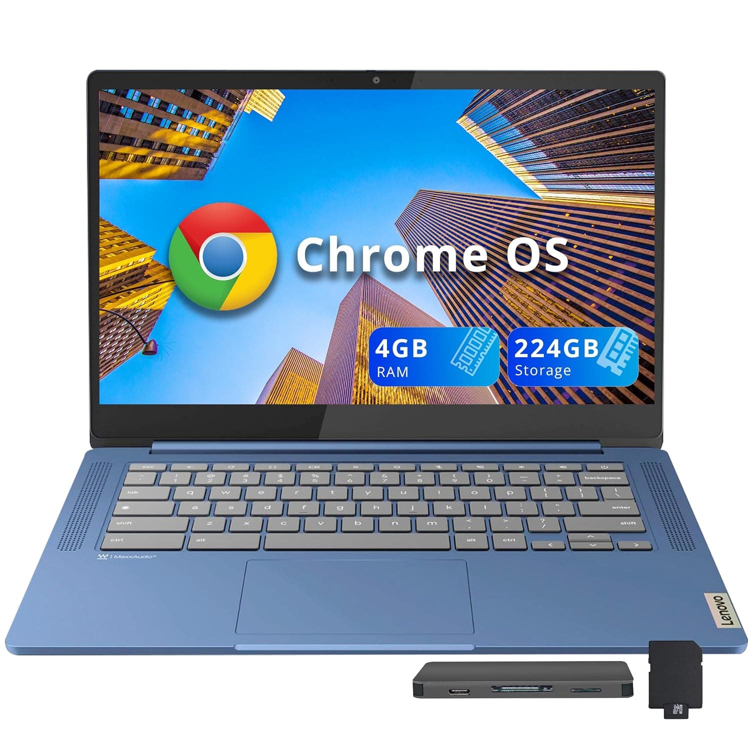 Lenovo IP Slim 3 14" FHD Chromebook, MediaTek Kompanio 520, 4GB RAM, 224GB Storage (64GB eMMC+160GB Docking Station Set), HD Webcam, Wi-Fi 6, Long-Battery Life, Chrome OS, Abyss Blue