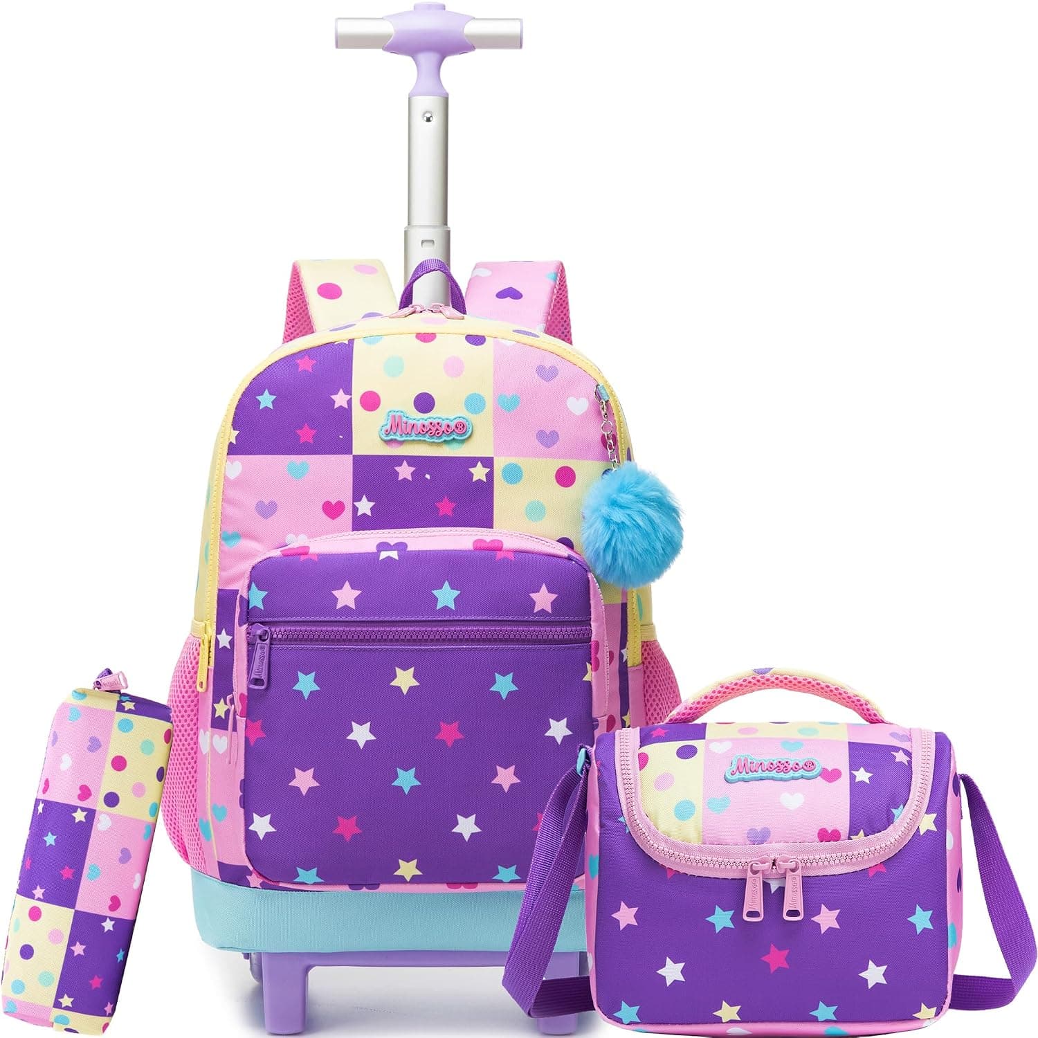 Rolling Backpack for Girls Kids Backpack with Wheels Backpacks for Elementary with Lunch Box Pencil Case Trolley