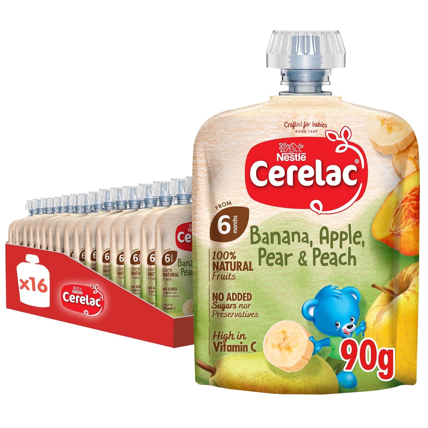 Nestle Cerelac Baby Food Fruits Puree Banana, Apple, Pear & Peach pouch, High in Vitamin C, 100% Natural Fruits, No Added Sugars, No artificial flavors, No preservatives. 90G (6m+) (16 Pouches)