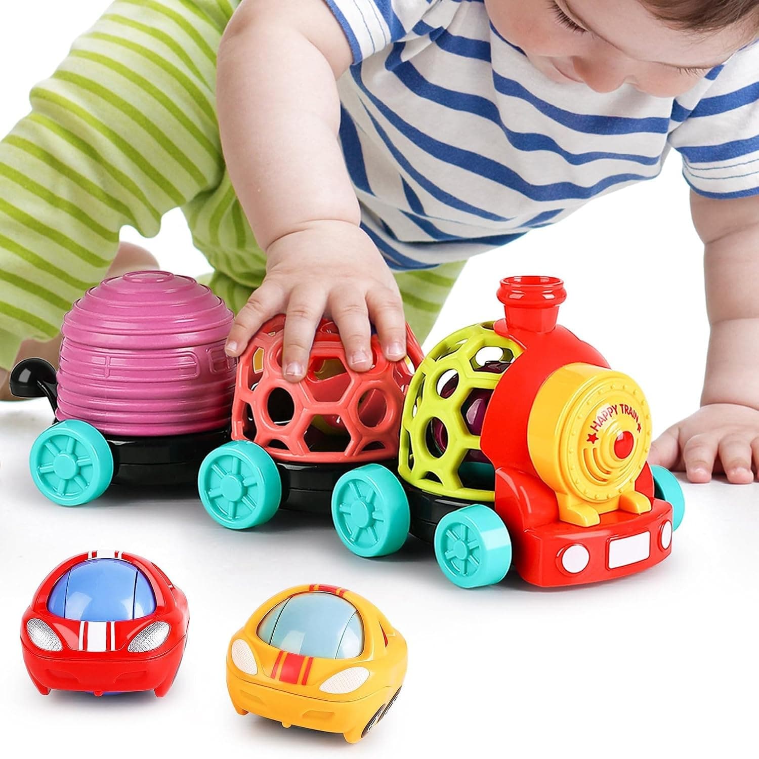 Baby Toy Train, Infant Soft Cars for 6-12 Month Boy, Musical Push N Go Truck, Toddler Sensory Ball Rattle, Development Birthday Gift, Stocking Stuffer, 7 8 9 10 18 Month 1 2 Year Old Girl