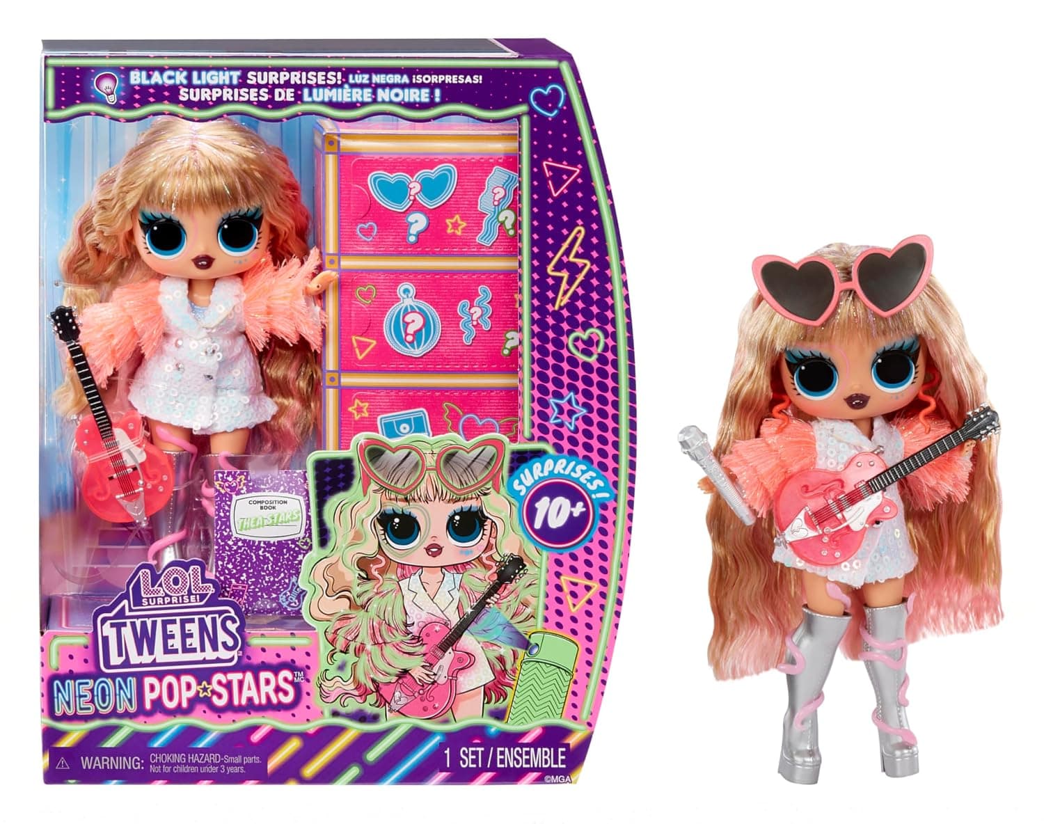 L.O.L. Surprise! Tweens Neon Pop Stars - Thea Stars - 1 Fashion Doll with Backlight Surprises and 10+ Pop Star Fashions and Accessories Velvet of Her Hot Pink Guitar, Gift for Children from 4 Years