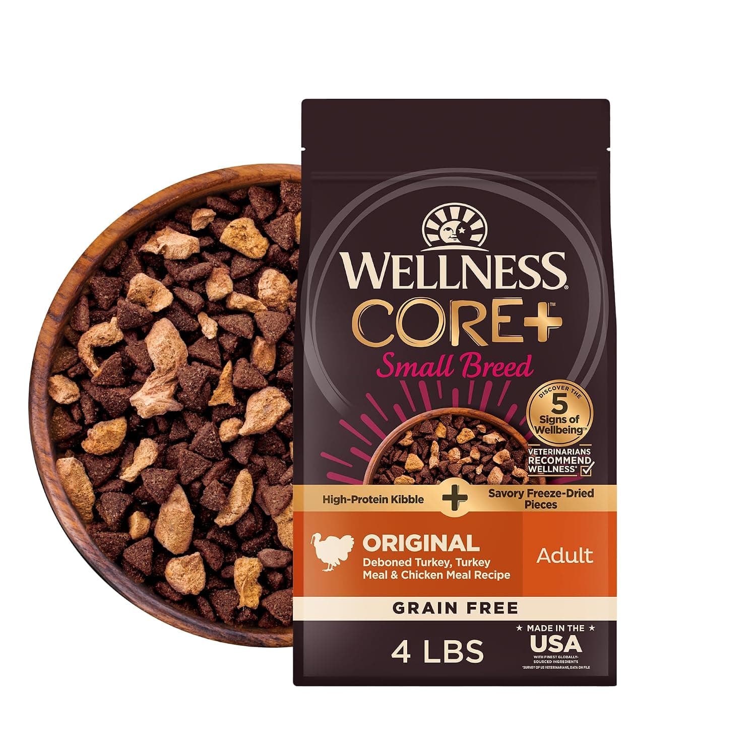 Wellness CORE Rawrev Natural Grain Free Small Breed Dry Dog Food, Original Turkey & Chicken With Freeze Dried Turkey, 4-Pound Bag