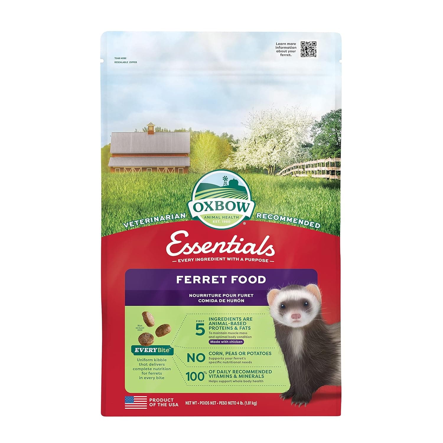 Oxbow Animal Health Oxbow Essentials Ferret Food, Vitamin & Mineral Rich Formula for Ferret, High Protein Food & High Fat, Small Animal Pet Products, Made in USA, 4 lb Bag