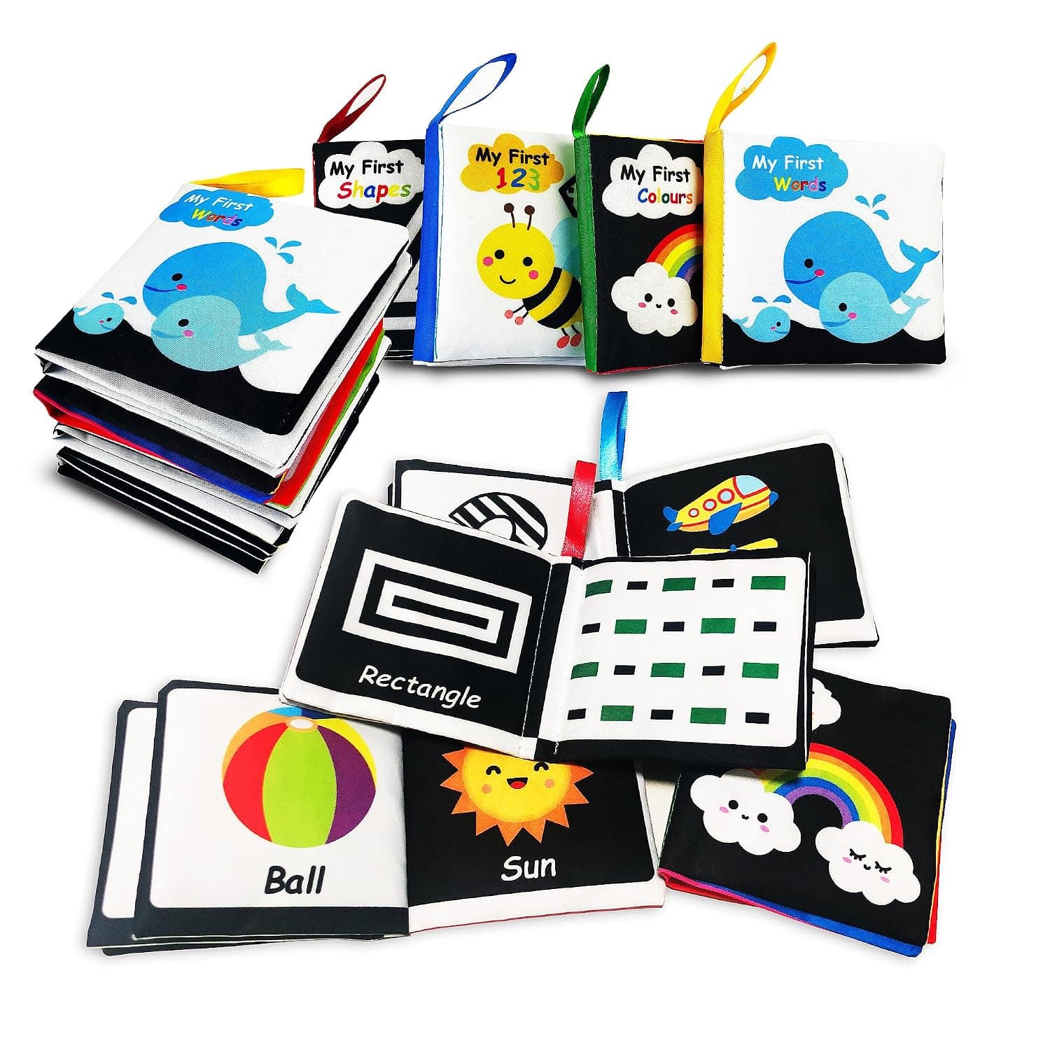 Soft Cloth Baby Book Toy 0-6 Months, Black White Baby Learning Book(Pack of 4),Touch and Feel Crinkle Book Infants 6-18 Months,Early Educational Toy 0-3 Months, Gift for Babies Infants