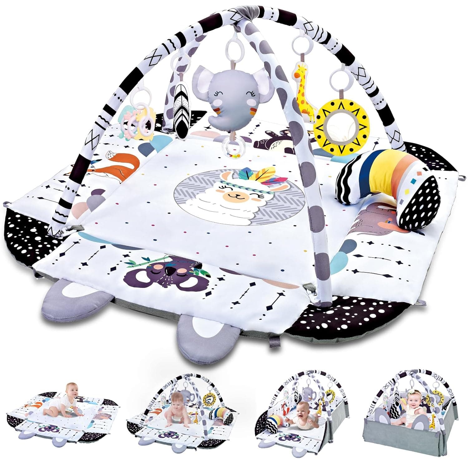 7-in-1 Baby Play Gym, Infant Non-Slip Activity Blanket, Crawling Mat with Play Arch and Sensory Toys,Baby Toys 0+ Months,Black and White