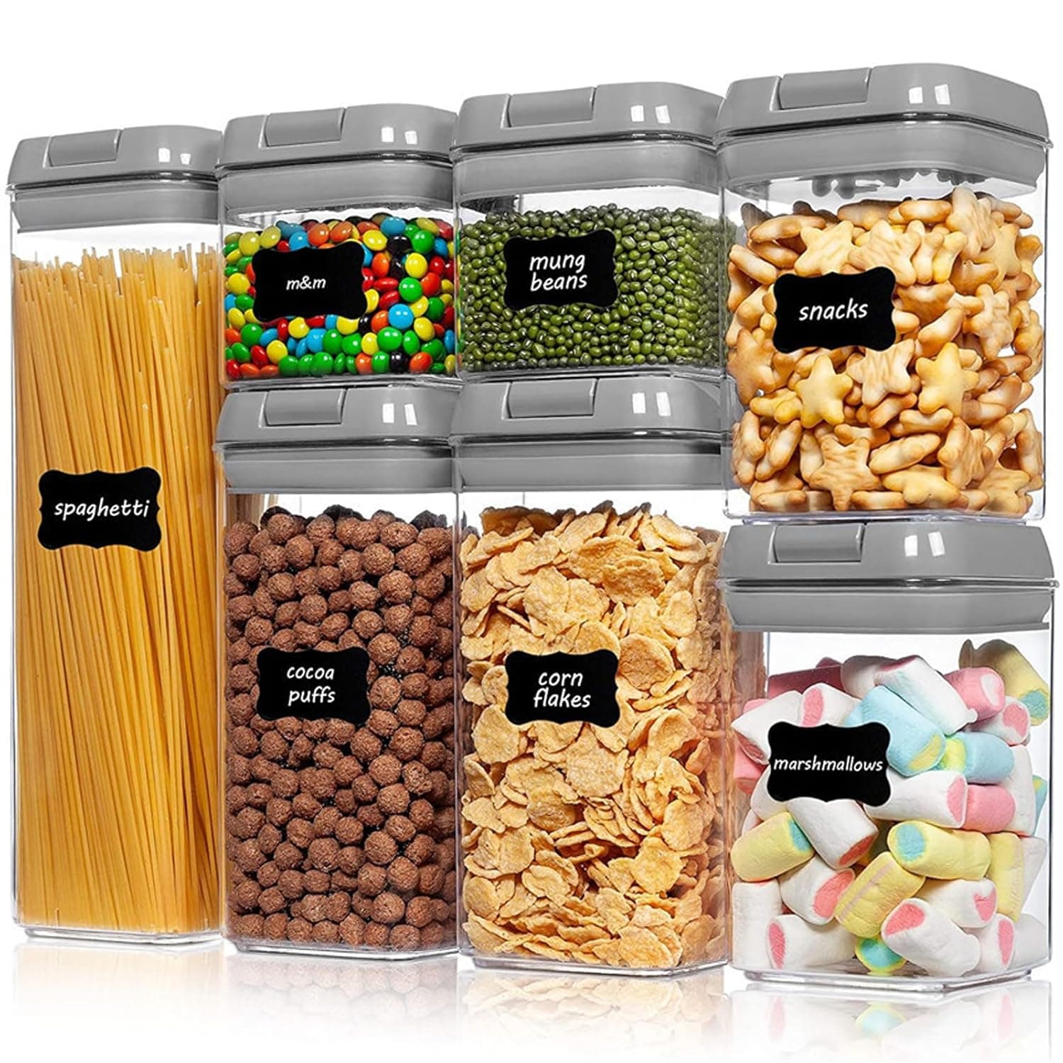 LinJie Airtight Food Storage Box, 7 Piece BPA Free Plastic Grain Containers with Easy Lock Lid for Kitchen Pantry Organization and Storage, Includes 24 Labels（grey）