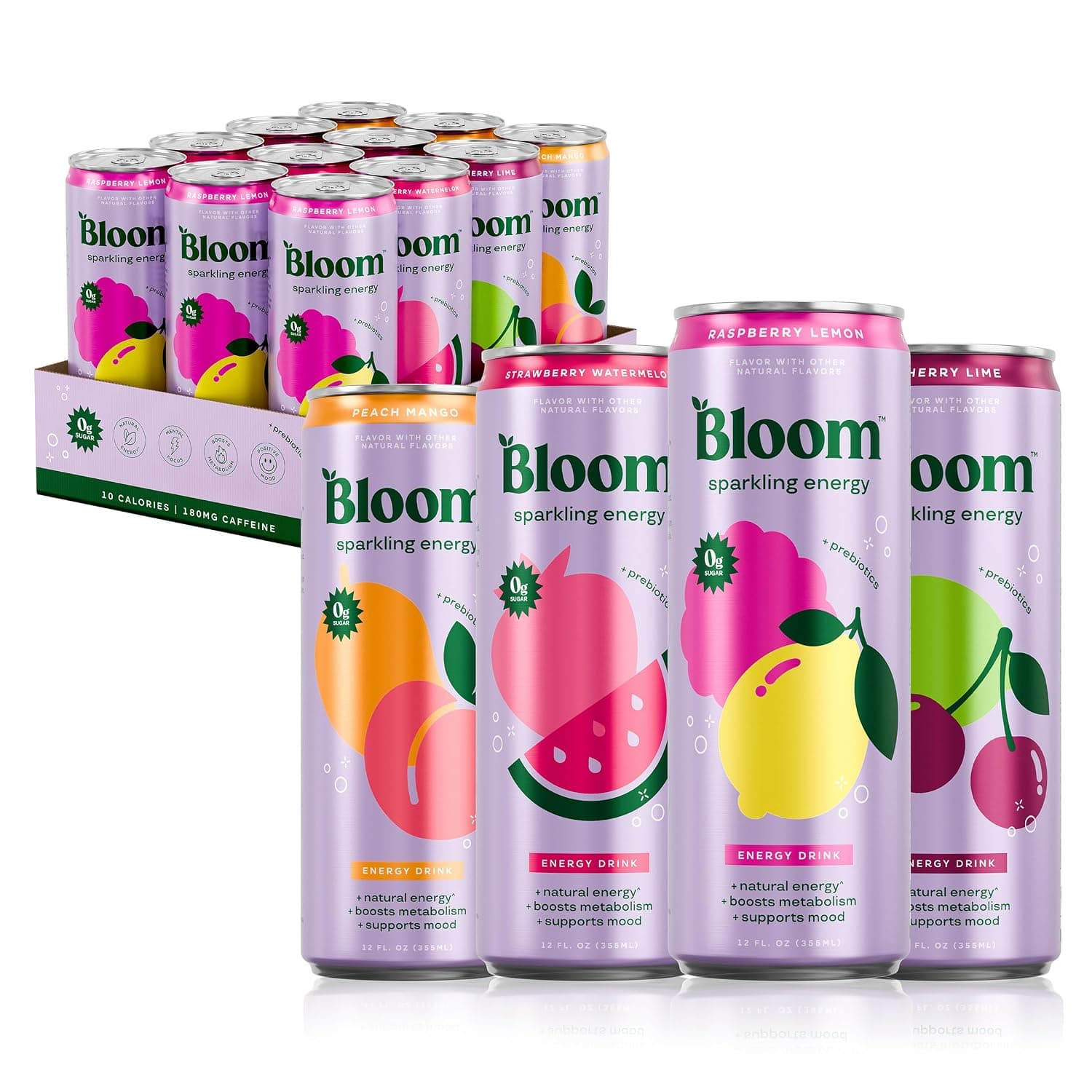 Bloom Sparkling Energy Drink - Natural Caffeine, Zero Sugar, 180mg Caffeine - Antioxidant-Rich w/Green Coffee Bean, Green Tea Extract, Prebiotics - Wellness Beverage for Focus & Metabolism 12oz 12 pk