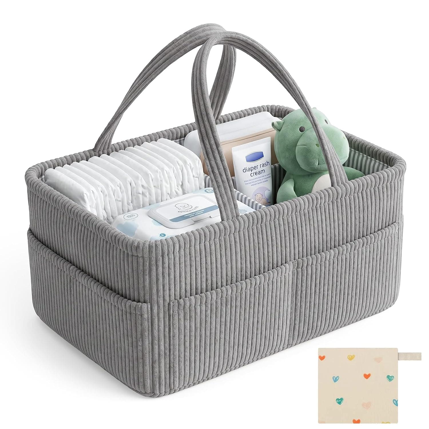 Corduroy Nappy Caddy Organiser, Portable Baby Diaper Storage Basket with Removable Dividers Nursery Caddy for Newborn Essentials Car & Changing Table Baby Caddy Shower Gifts for Boys & Girls