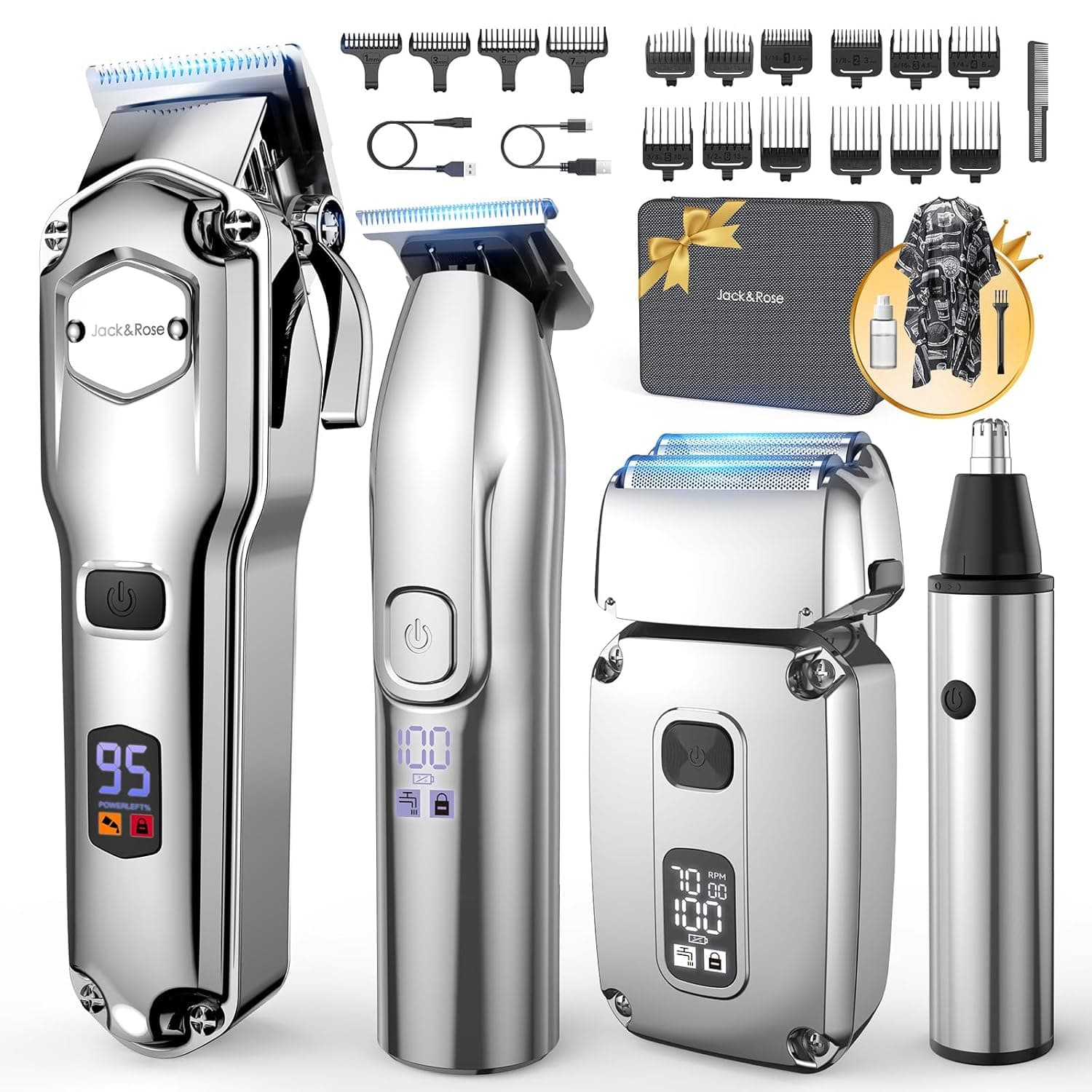 Jack & Rose Hair Clippers for Men Set Professional, Cordless Men Hair Trimmer, Electric Shavers, Barber kit, 4 in 1,LED Display, for Nose, Body, Bald Head