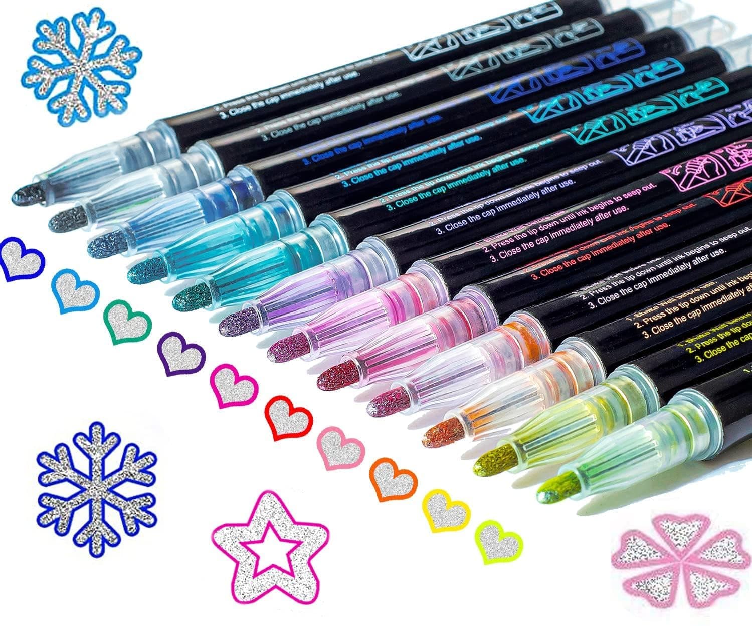 Outline Marker Pens, Shimmer Markers Outline Double Line: 12 Colors Metallic Glitter Pens Set Super Squiggles Sparkle Kid Age 4 8 10 Gift Cool Fun Fancy Self Sparkly Supplies Art Craft Girl Gift