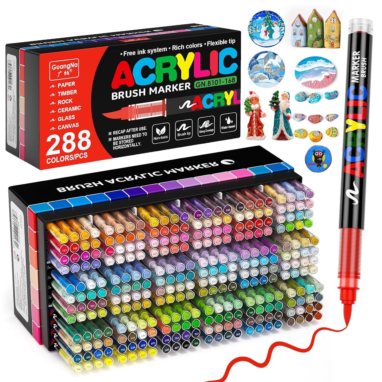 Acrylic Paint Markers for Coloring 288 Colors with 30% More Ink | No Bleed Brush Tip Markers with Automatic Ink Control, Water Based Ink Pens Set for Paper, Drawing, Rocks, Canvas, Wood, Eggs