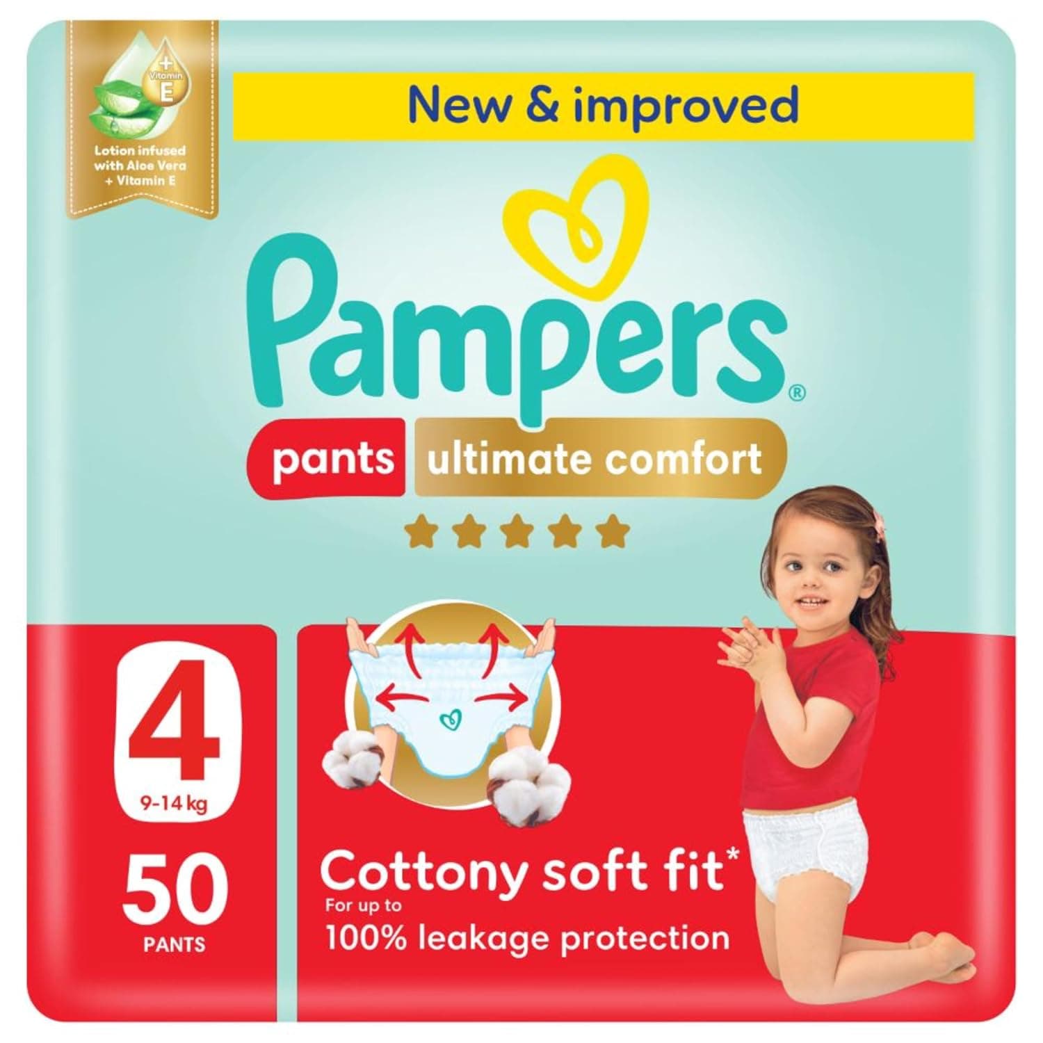 Pampers Ultimate Comfort, Size 4, 9-14 kg, Super Saving Pack, 50 Diaper Pants | Our Best Comfort, So Soft Feels like Wearing Nothing, Easy On & Off, Up to 100% Leak Protection, Vitamin E & Aloe Vera Lotion