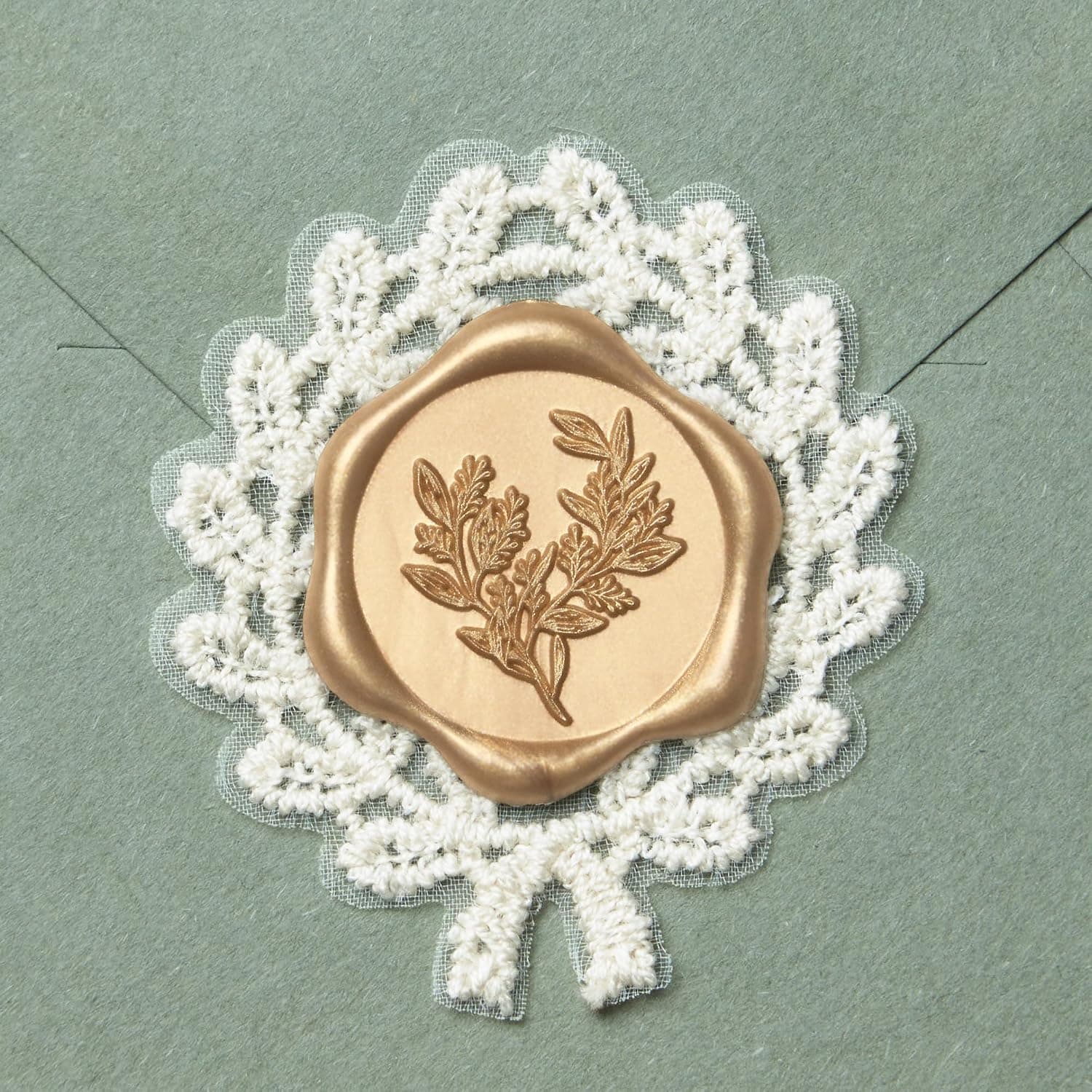 UNIQOOO Wax Seal Stickers with Lace Border- Vintage-Style Eucalyptus Botanical Wedding Invitation Envelope Seals, 50Pcs Self-Adhesive Light Gold Wax Stickers, Perfect for Invitations & Gift Wrapping
