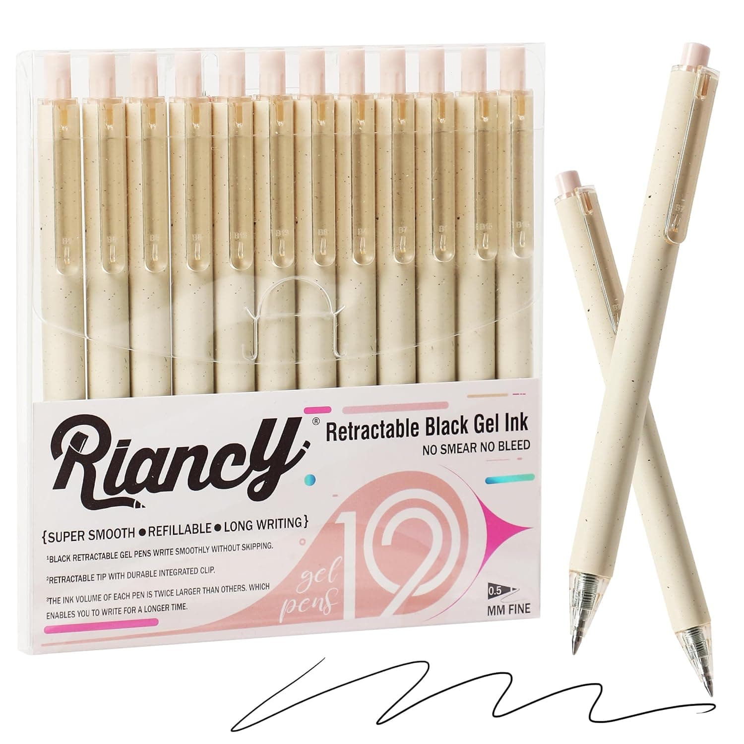 Gel Pens for Note Taking 12PCS Black Ink Fine Point Pen Black Gel Pens Quick Dry Ink 0.5mm Smooth Writing Pen for Home Office Art Back to School Supplies (Cream)
