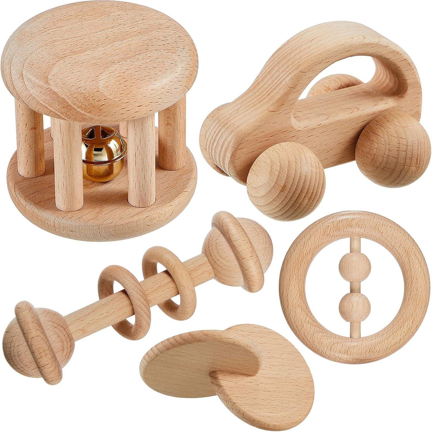 Zhanmai 5 Pcs Wooden Baby Toys Montessori Toys for 0-6-12 Months Sensory Baby Rattles with Bells Push Car Wooden Newborn Boys and Girls Gifts for Toddlers 1-3 Years Infant Grasping Sensory Development