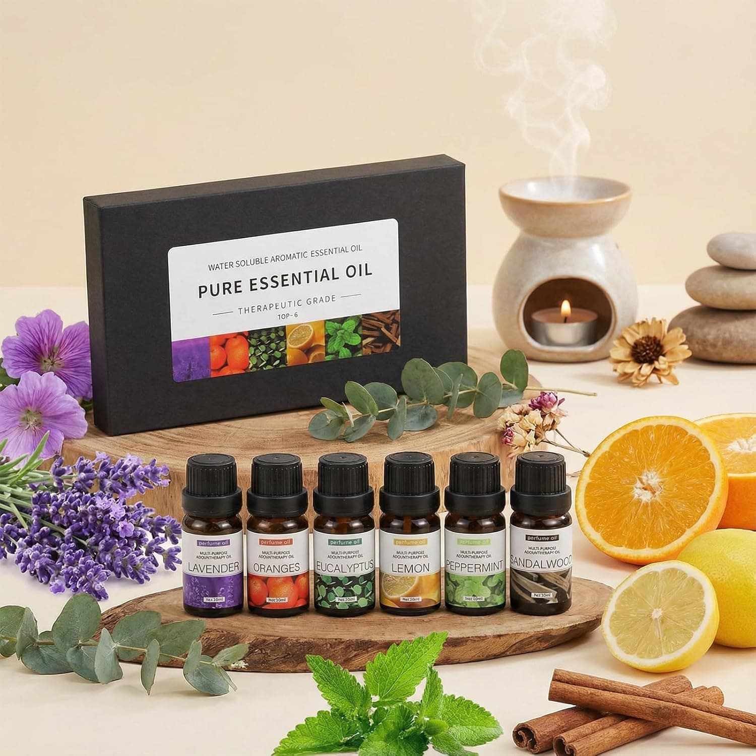 100% Pure Essential Oils - Set of 6 Premium Grade Fragrance Oils-6 Pack - Sandalwood，Sweet Orange，Lavender，Eucalyptus，Lemon，Mint - 10ml