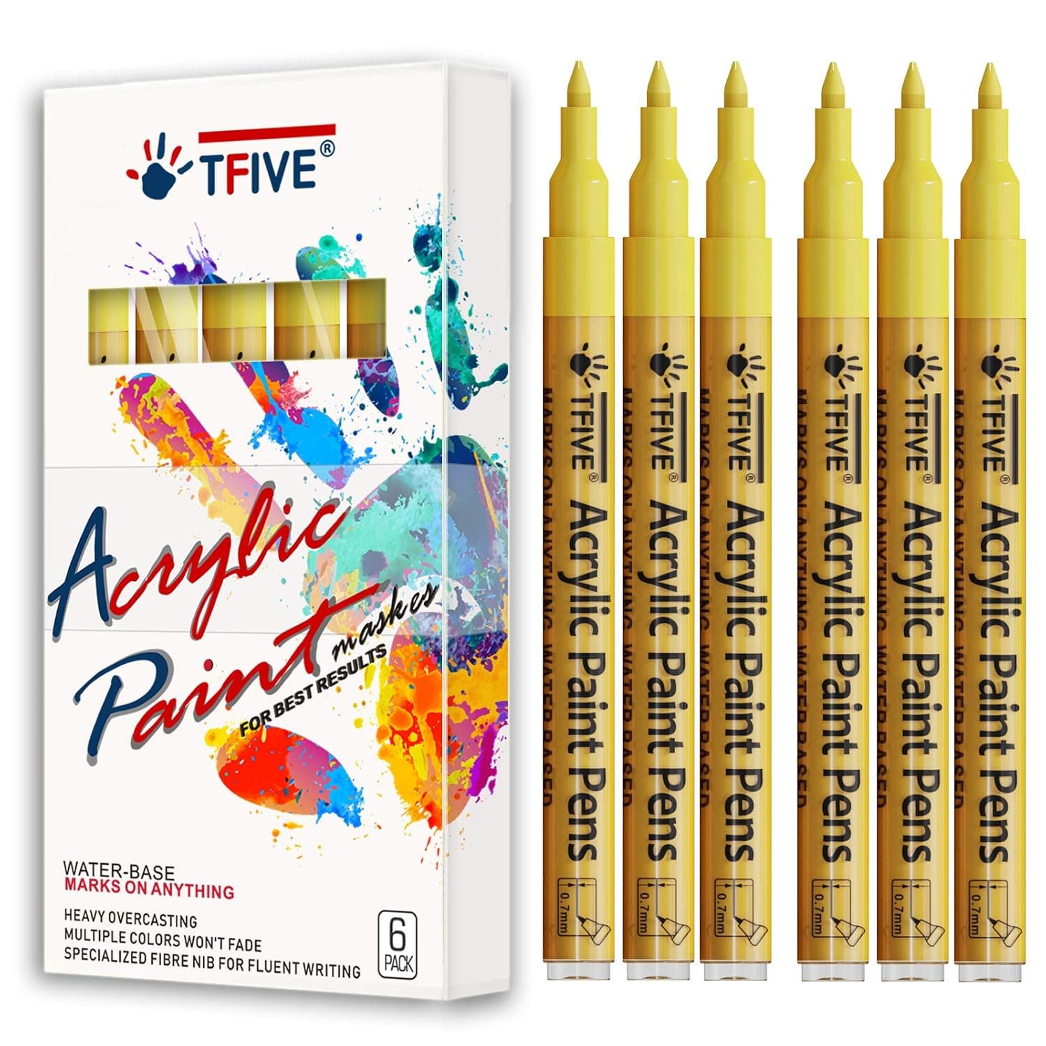 Yellow Marker Paint Pens - 6 Pack Acrylic Yellow Permanent Marker, 0.7mm Extra Fine Tip Paint Pen for Art Projects, Drawing, Rock Painting, Ceramic, Glass, Wood, Plastic, Metal, Canvas DIY Crafts | 0.7mm Extra Fine Tip, Waterproof, Quick Dry, Water Based Marker Pen for Rock, Glass, Wood, Plastic, Metal, Canvas, Ceramic