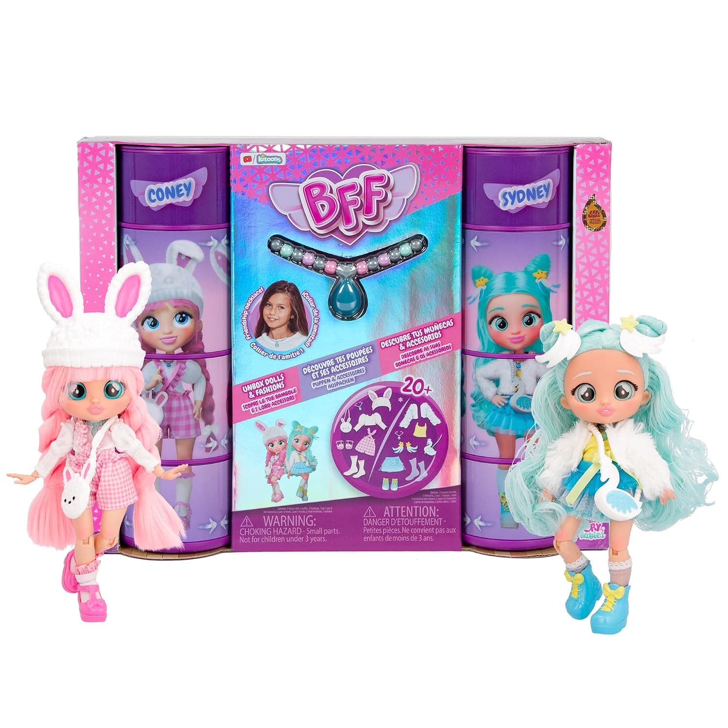 BFF By Cry Babies Coney & Sydney, Twin Pack Collectible Fashion Dolls with Long Hair, fabric Clothes and 15 Accessories - Toy gift for kids +5 Years