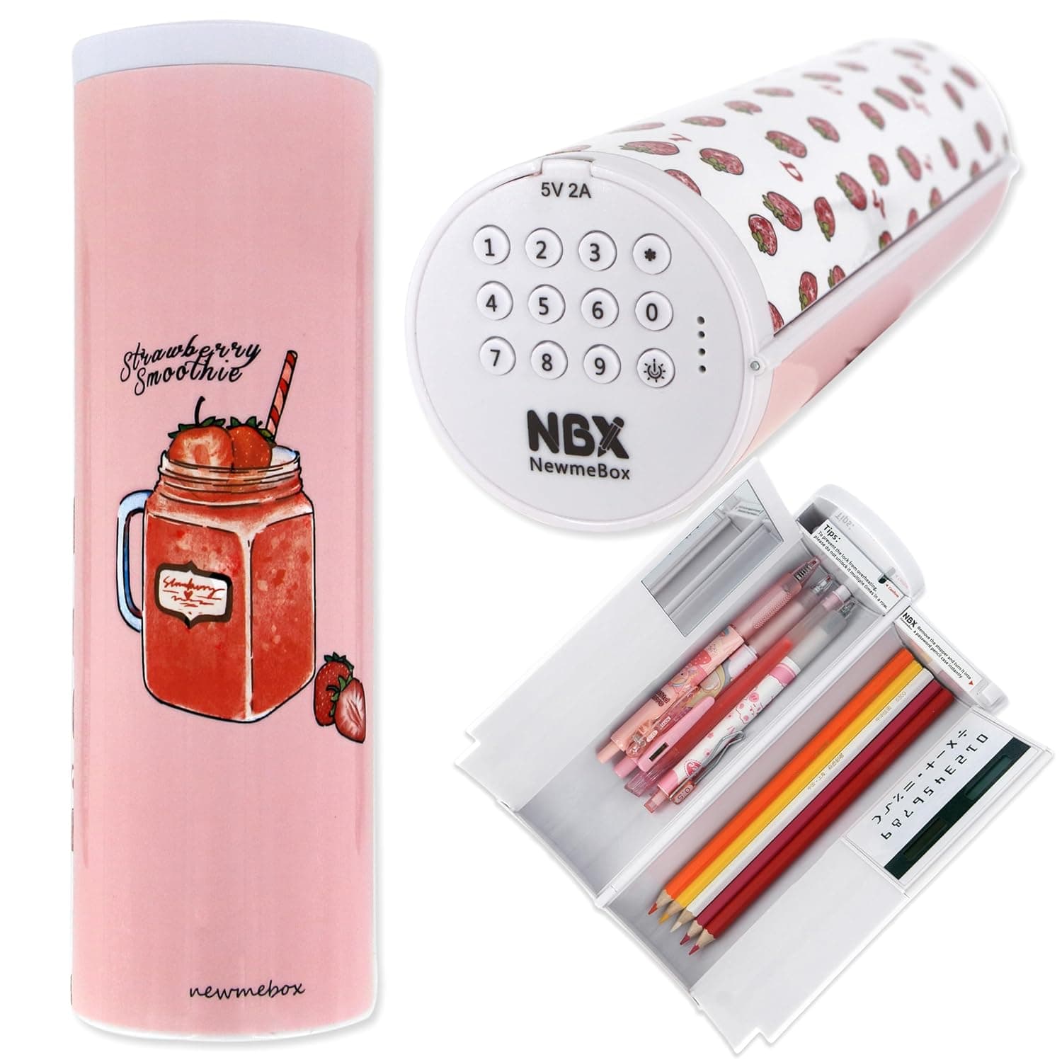 Pencil Box with Lock, Cute and Kawaii Pencil Case, Standing Pen Box, Locking Desk Organizer, Multifunctional Cylinder Pencil Pouch for Girls, Boys, Kids, School Supplies(Strawberry)