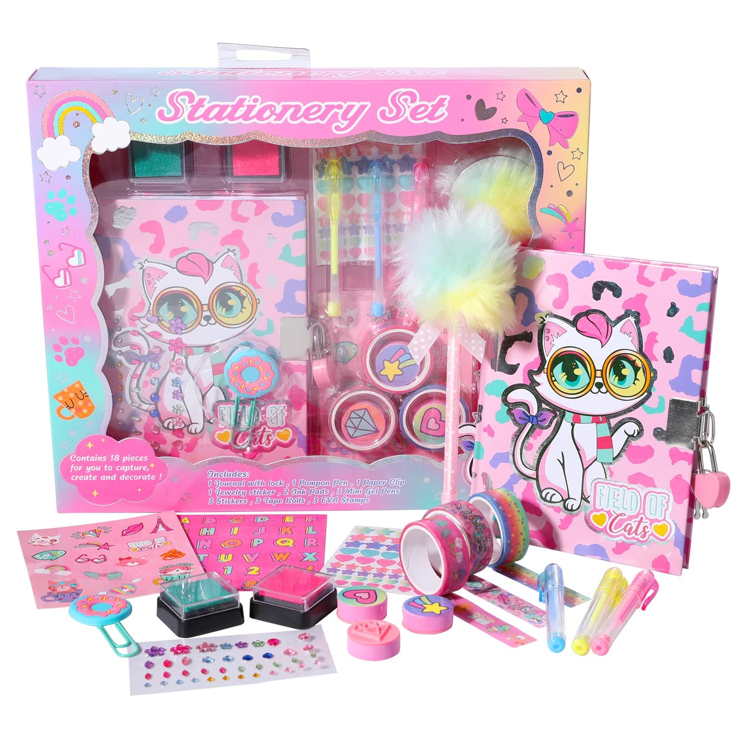 Cat Diary for Girls with Lock and Keys, Cat Stationery Set with Diary, Stamps, Stickers, Pens, Journal Notebook Birthday Gift for Girls Kids Ages 4-12