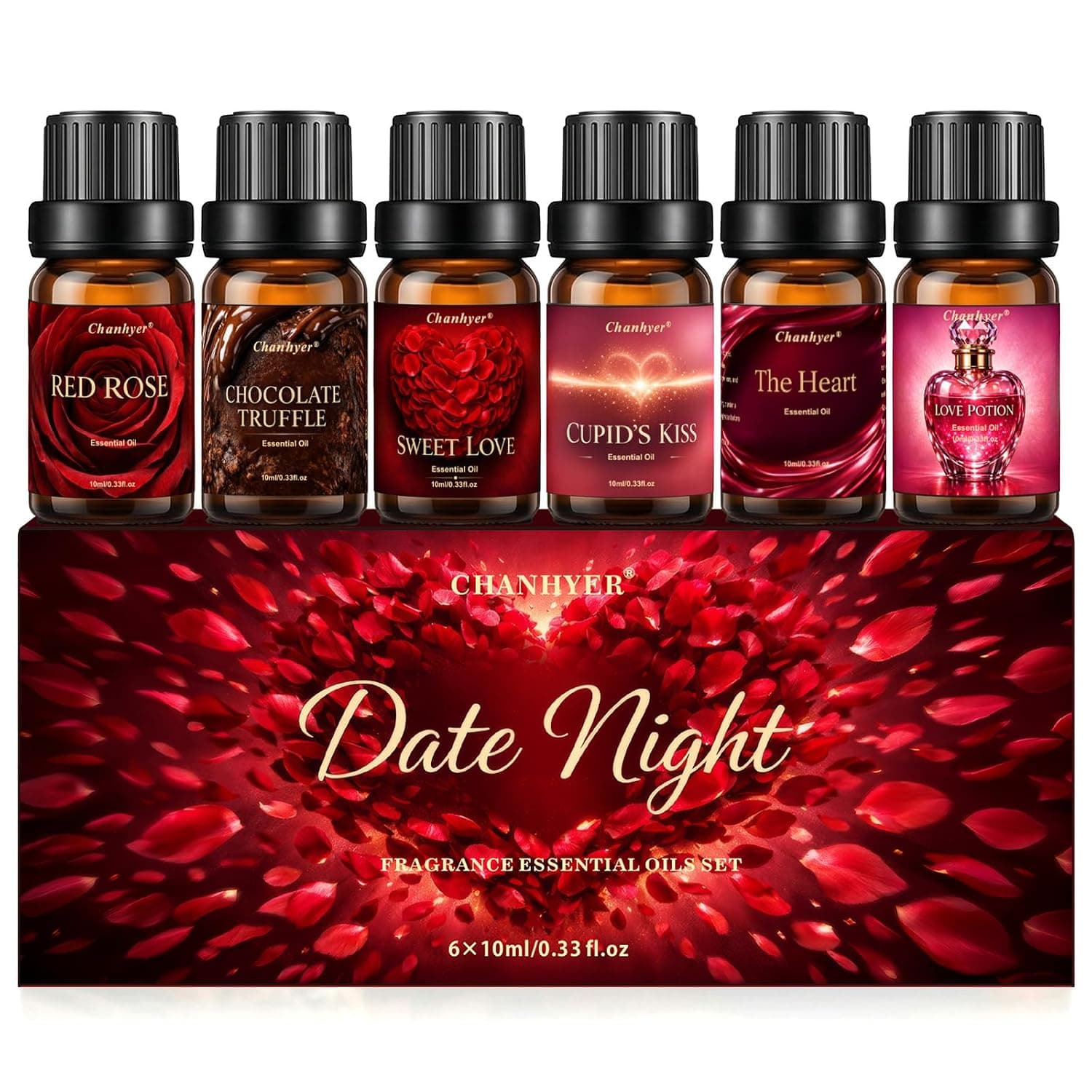 Roman Luxury Essential Oil Set 6 x 10 ml - Rose, Chocolate Truffle, Gentle Love, Love Potion, Kiss of Cupid, The Heart - For Diffuser & Humidifier, Gift for Date & Romance